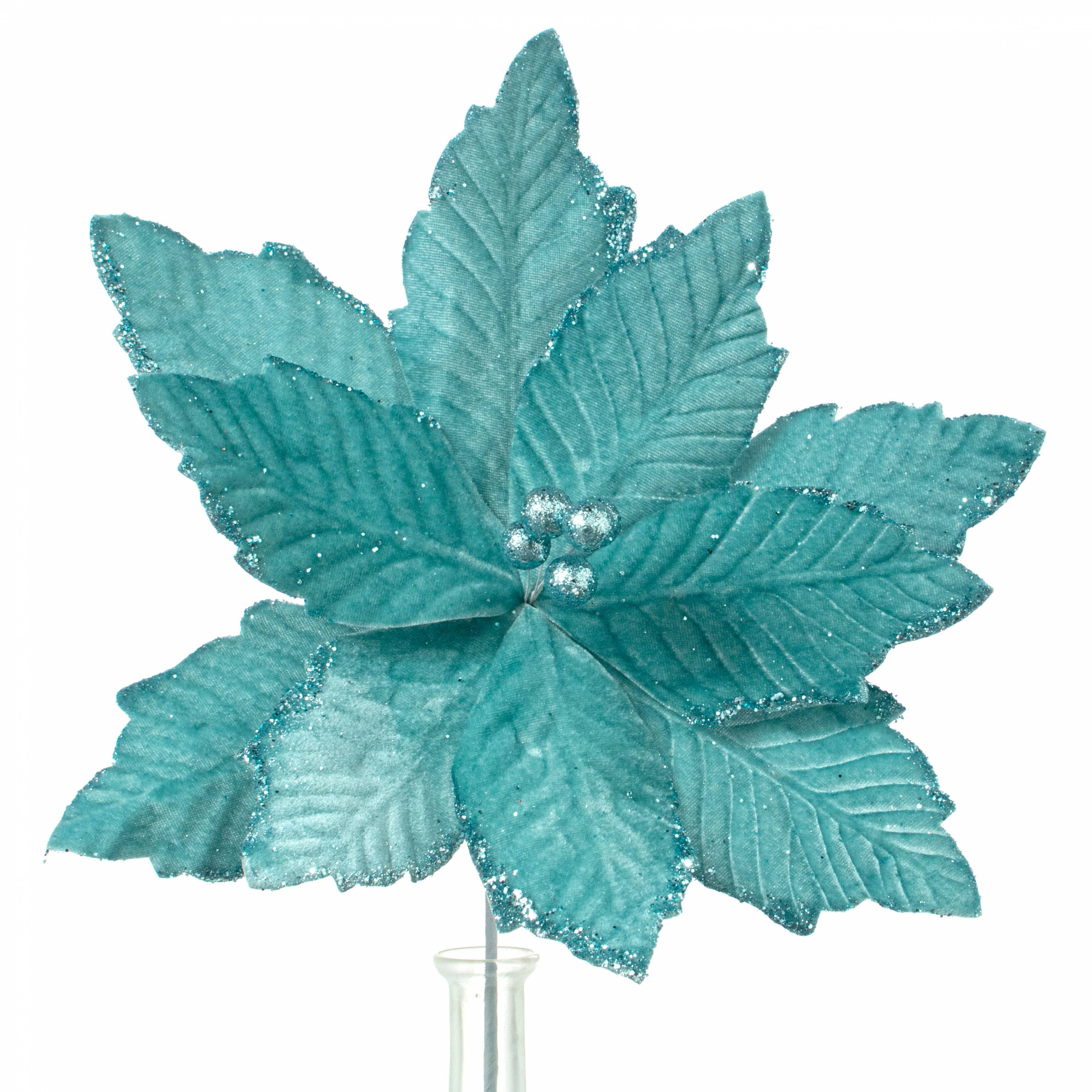 14" x 16" Velvet Poinsettia Stem: Ice Blue Teal Item Number: XS401148