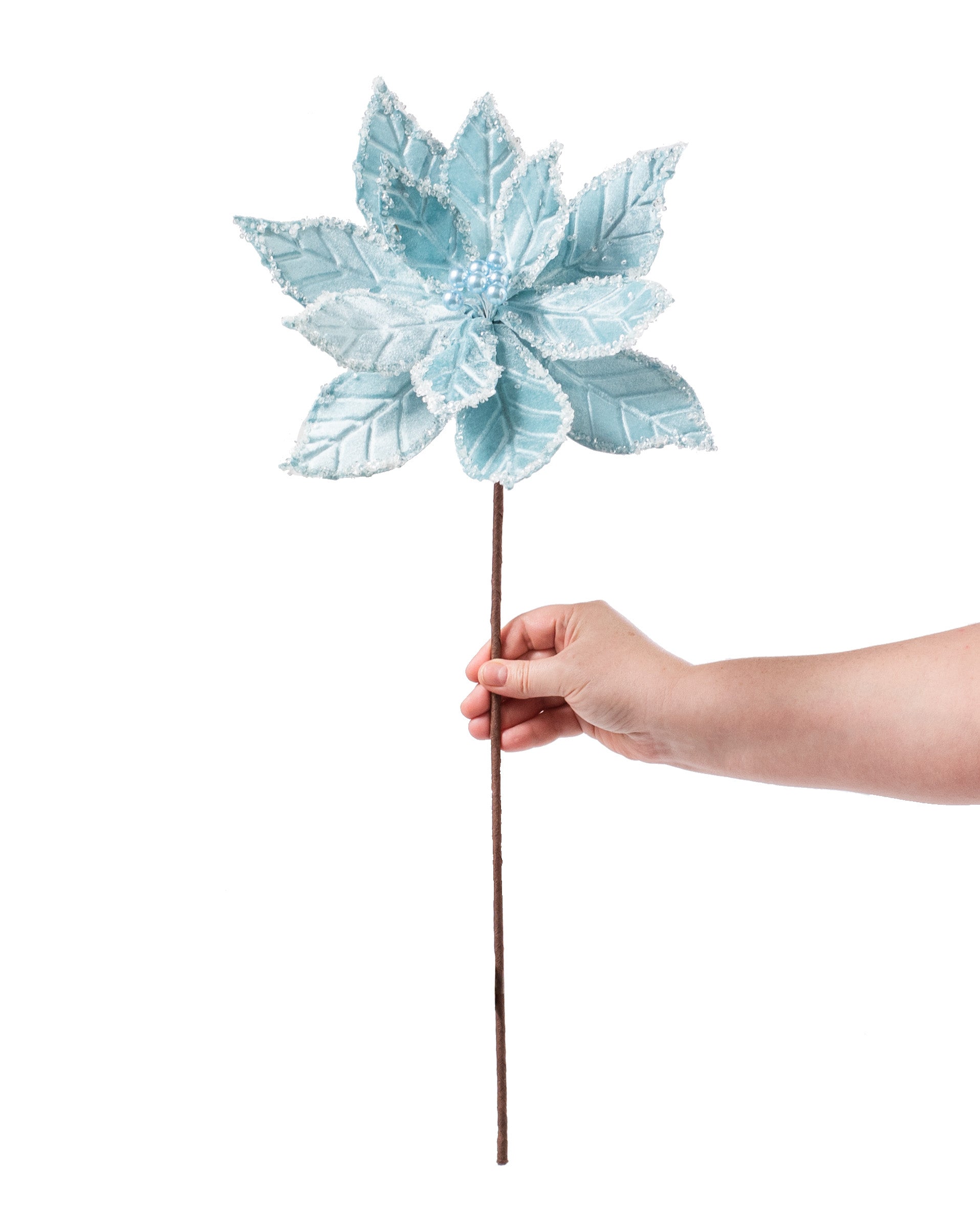 22" Velvet Poinsettia Stem: Light Blue detail photo 3