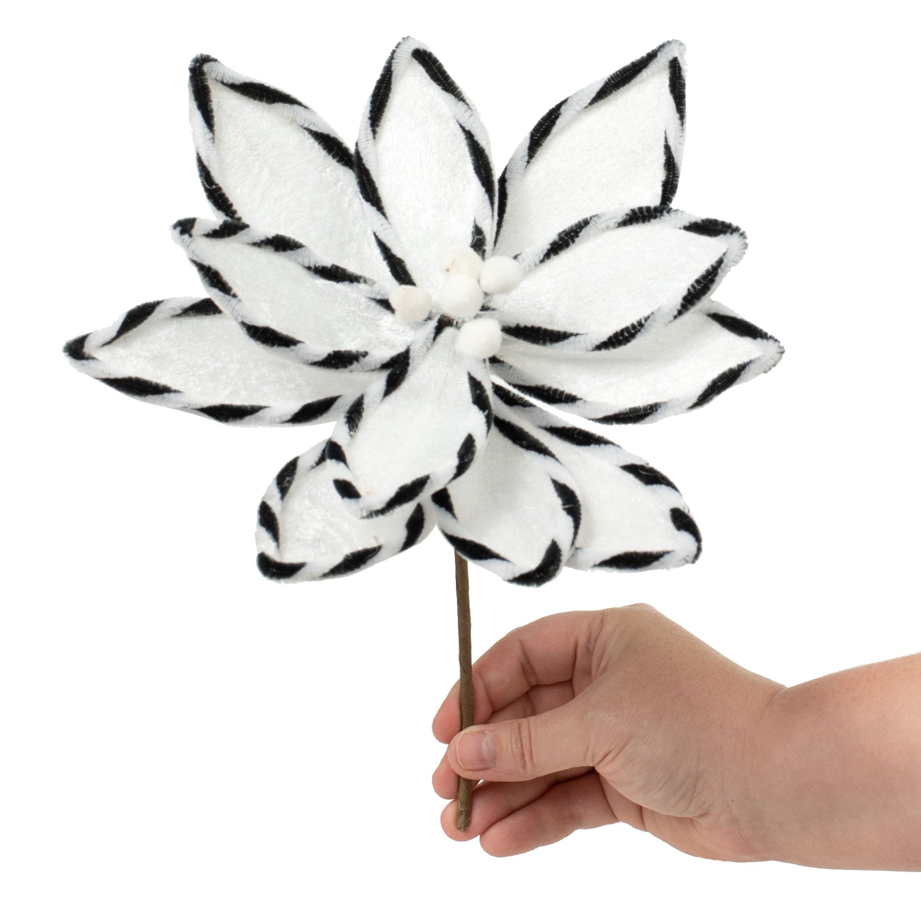 12" Velvet Poinsettia Pick: Black & White Lifestyle Photo
