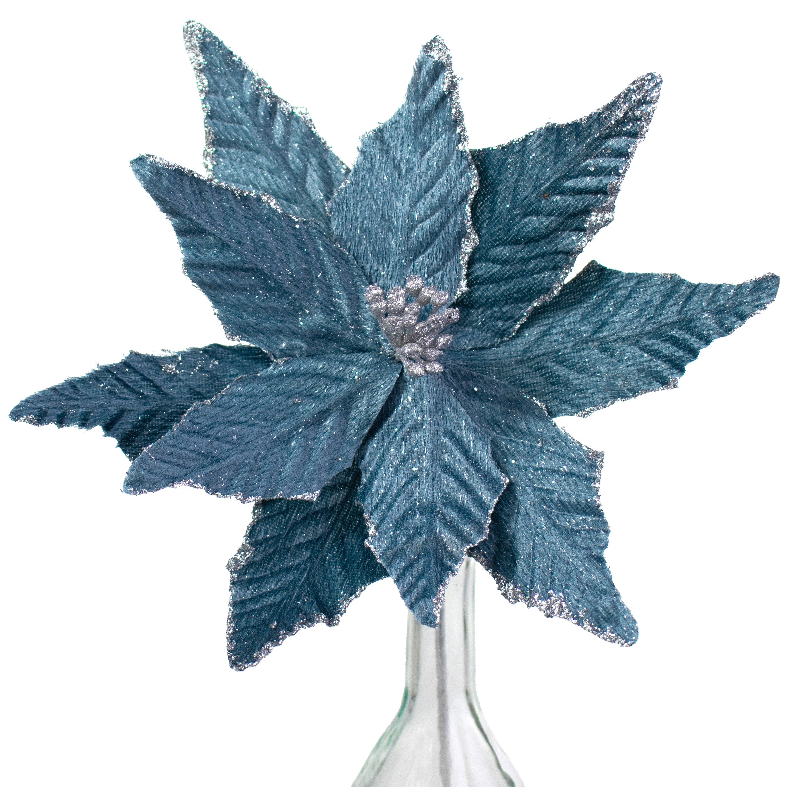 15" Velvet Poinsettia Pick: Dusty Blue Item Number: 84641DTBL