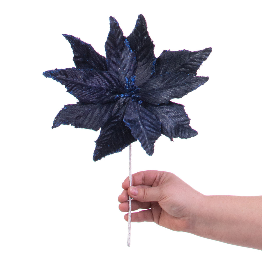 15" Velvet Poinsettia Pick: Navy Blue detail photo 3