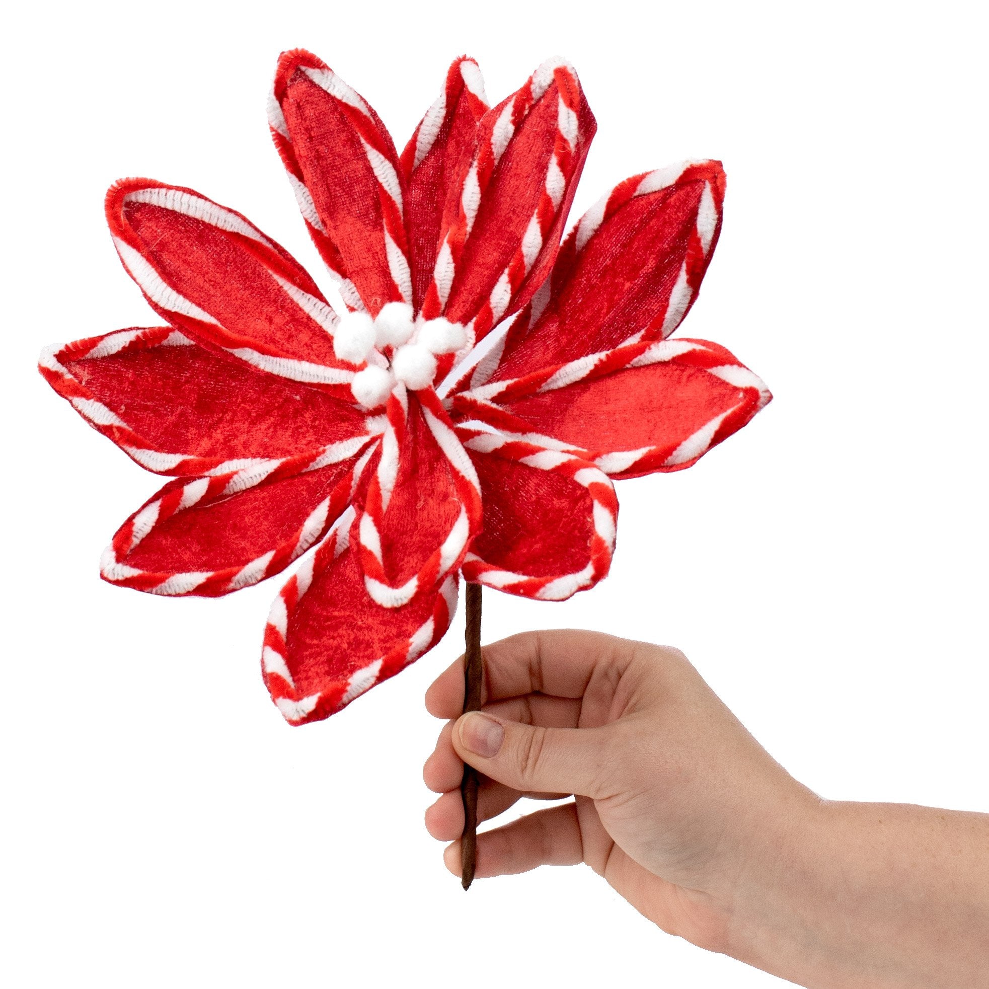 12" Velvet Poinsettia Pick: Red & Candy Cane Stripe Lifestyle Photo