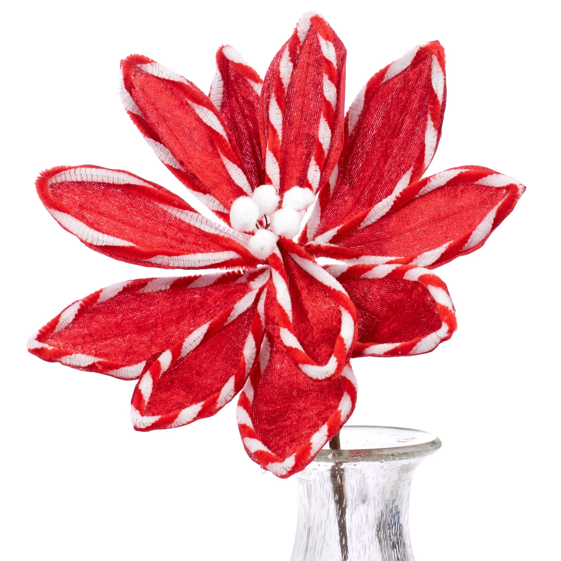 12" Velvet Poinsettia Pick: Red & Candy Cane Stripe Item Number: 84037RD
