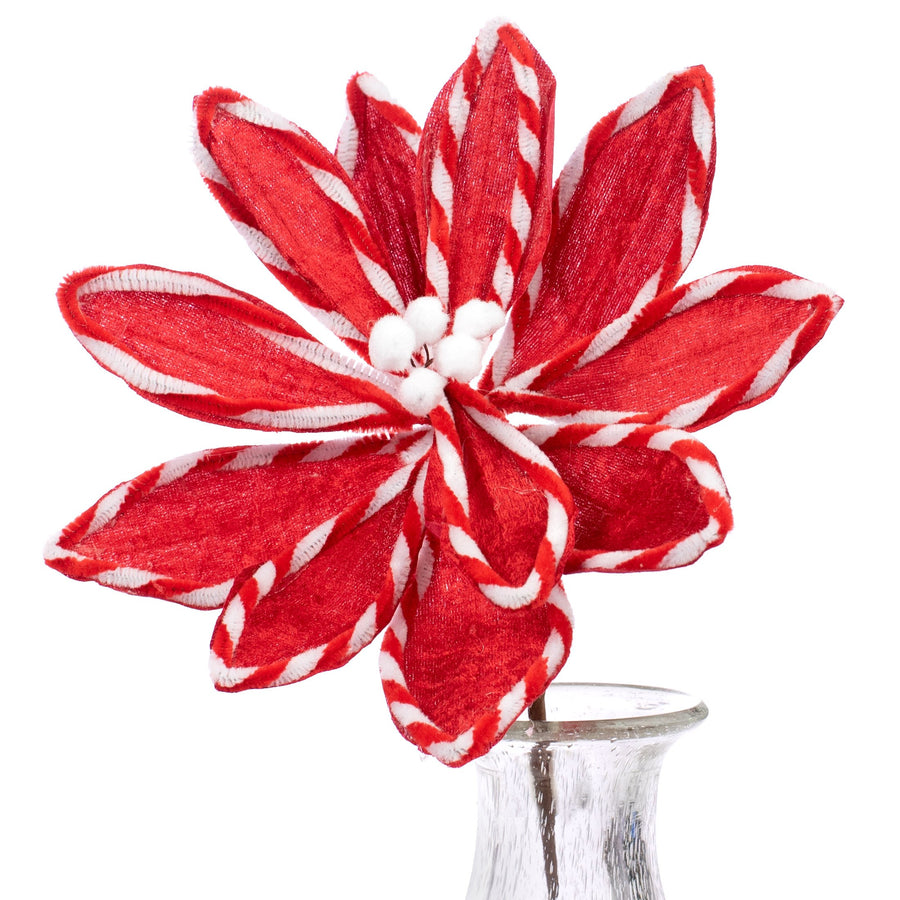 12" Velvet Poinsettia Pick: Red & Candy Cane Stripe Item Number: 84037RD