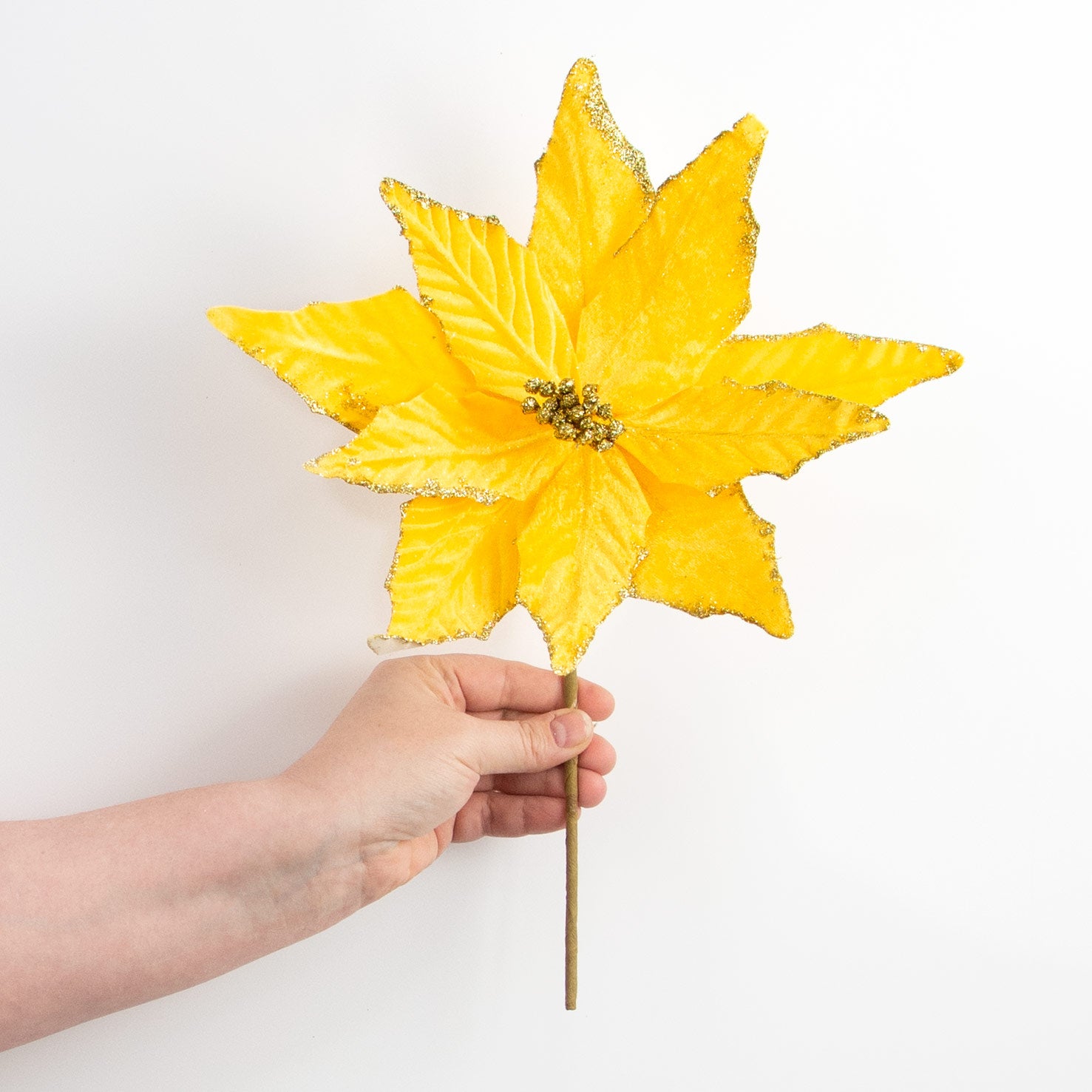 15" Velvet Poinsettia Pick: Yellow detail photo 3