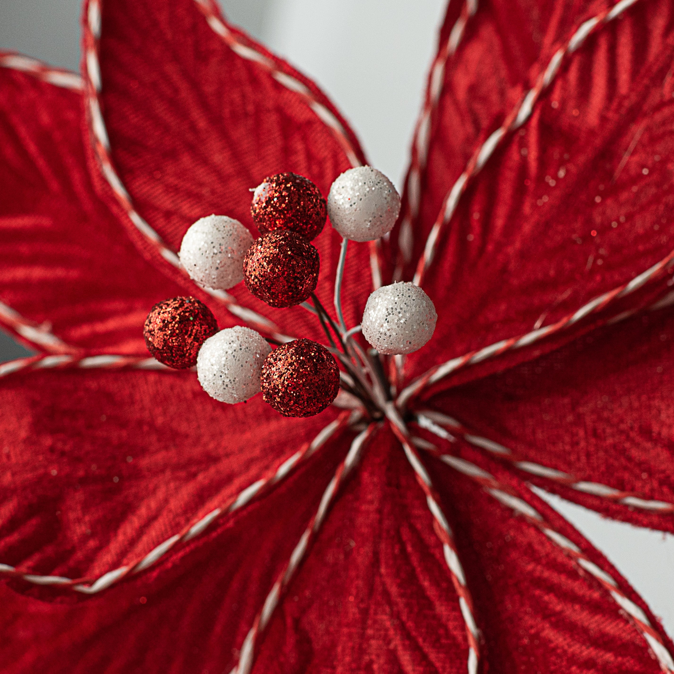 24" Velvet Poinsettia Stem: Red & White detail photo 3
