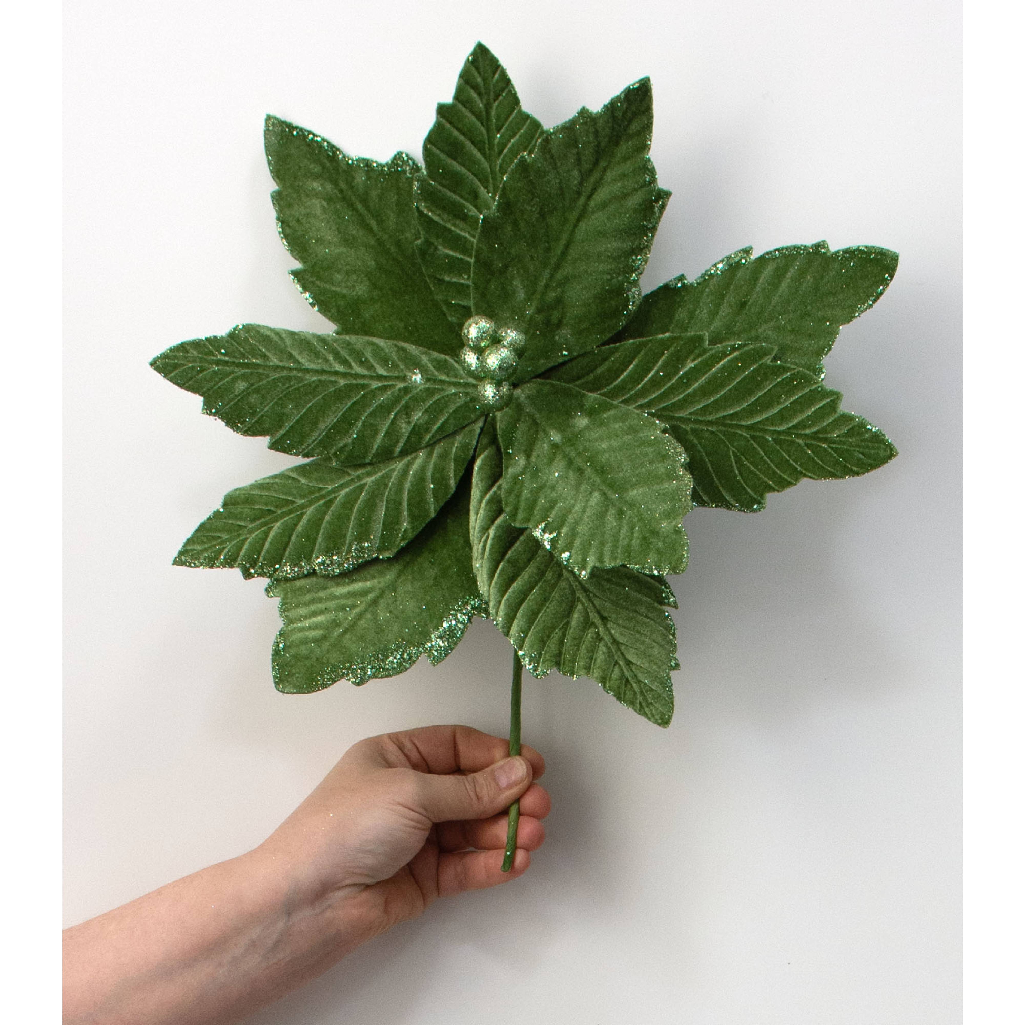 14" x 16" Velvet Poinsettia Stem: Sage Green detail photo 3