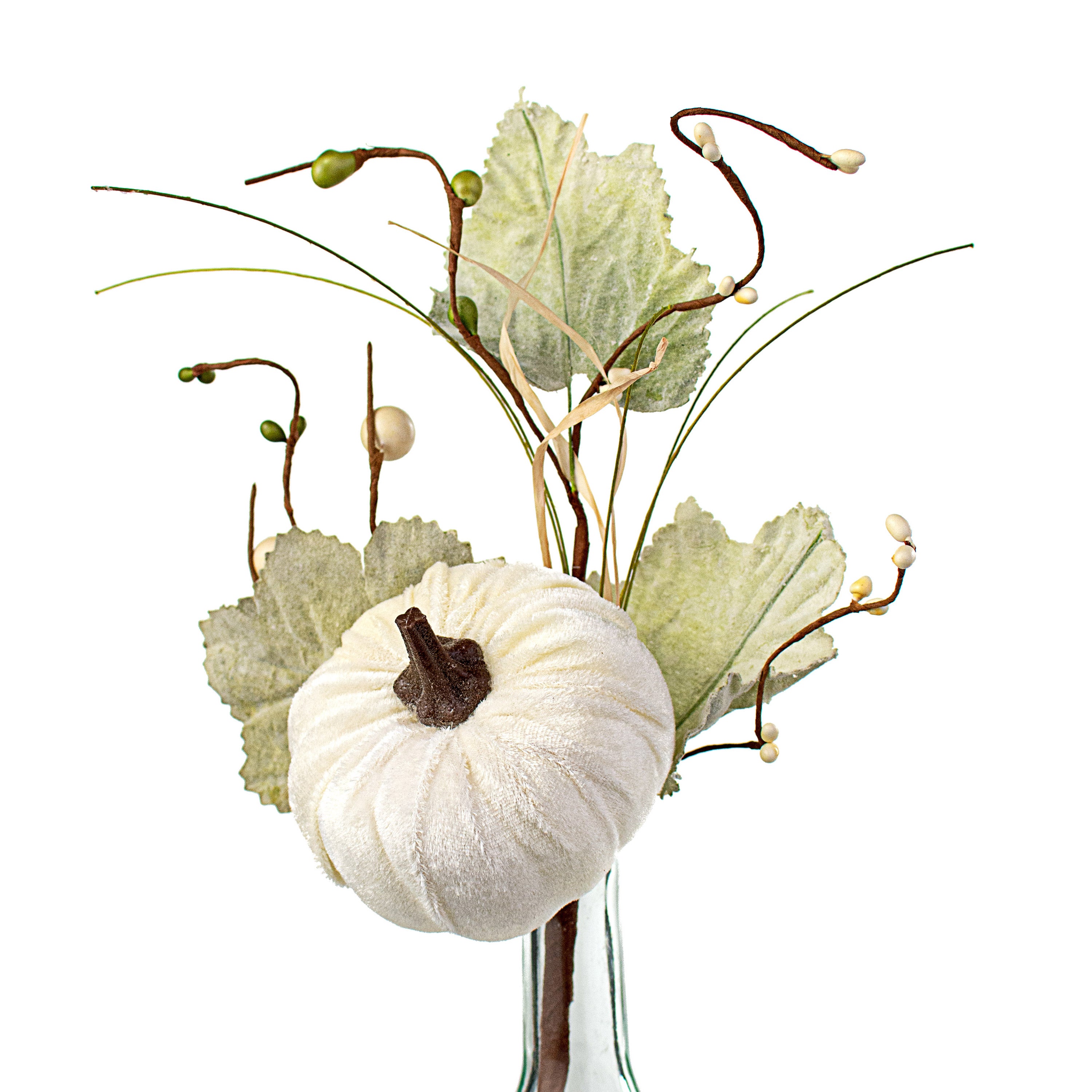 14" Velvet Pumpkin, Berry, Leaves Pick: Cream Item Number: 56496CM