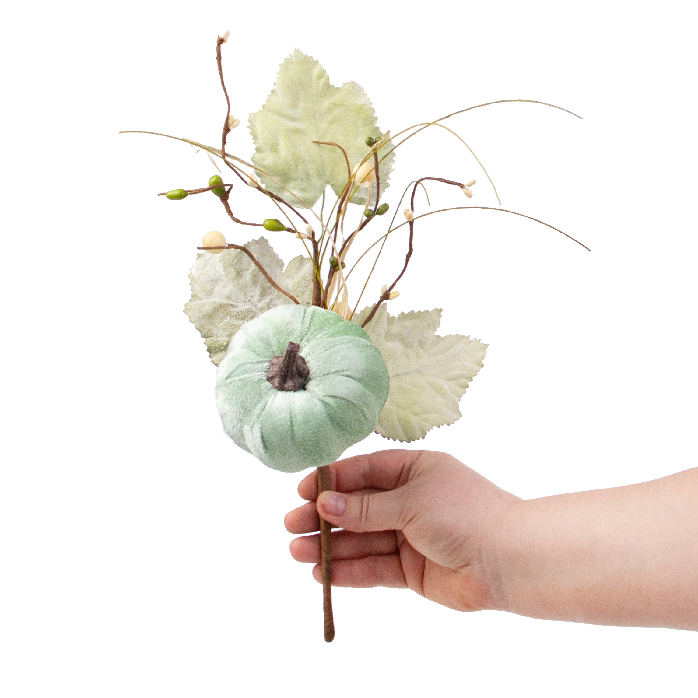 14" Velvet Pumpkin, Berry, Leaves Pick: Mint detail photo 4