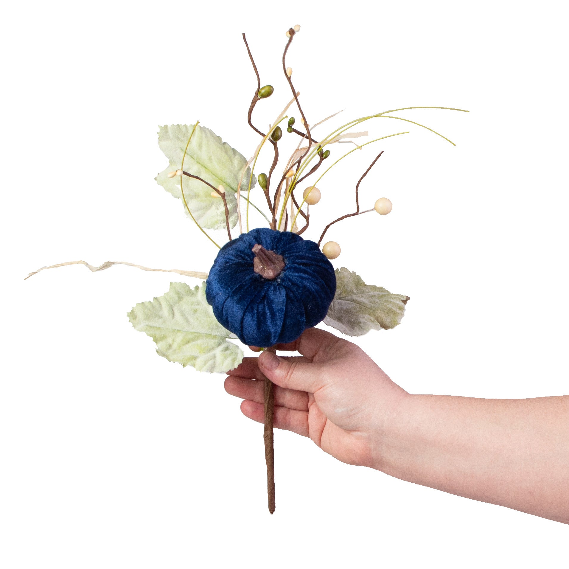 14" Velvet Pumpkin, Berry, Leaves Pick: Navy Blue detail photo 3