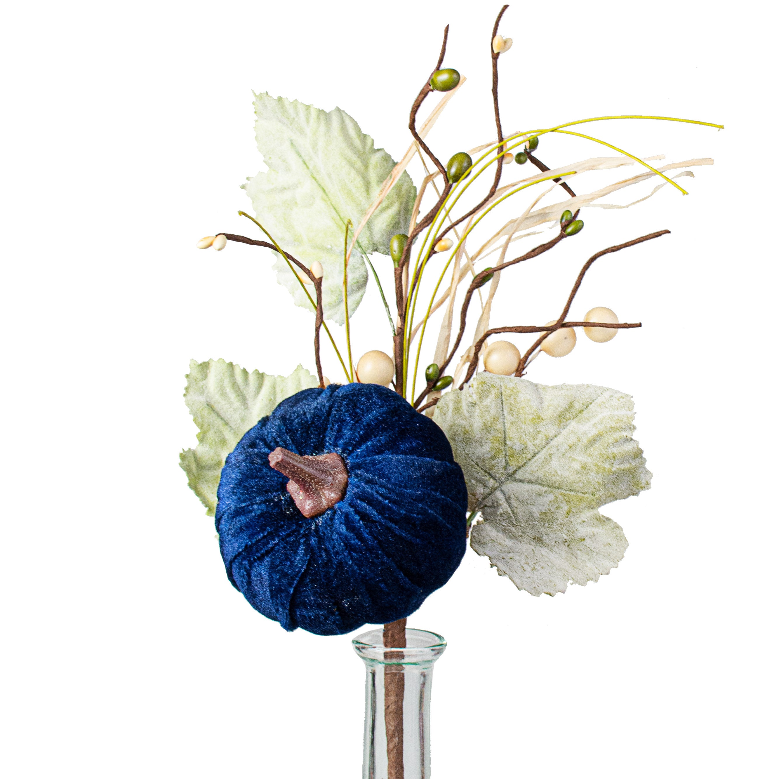 14" Velvet Pumpkin, Berry, Leaves Pick: Navy Blue Item Number: 56496DKBL
