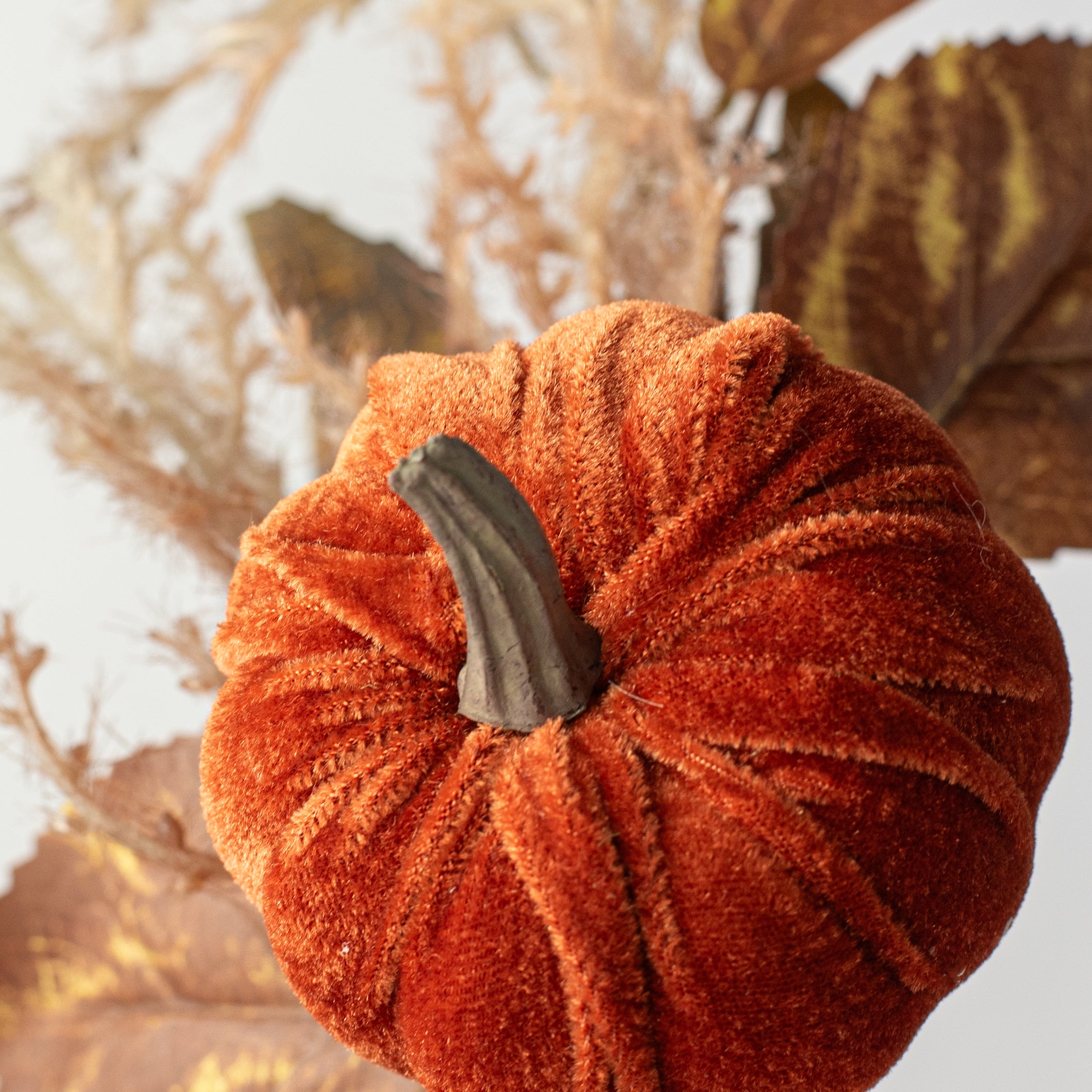 12" Velvet Pumpkin & Leaves Pick: Dark Brown Lifestyle Photo