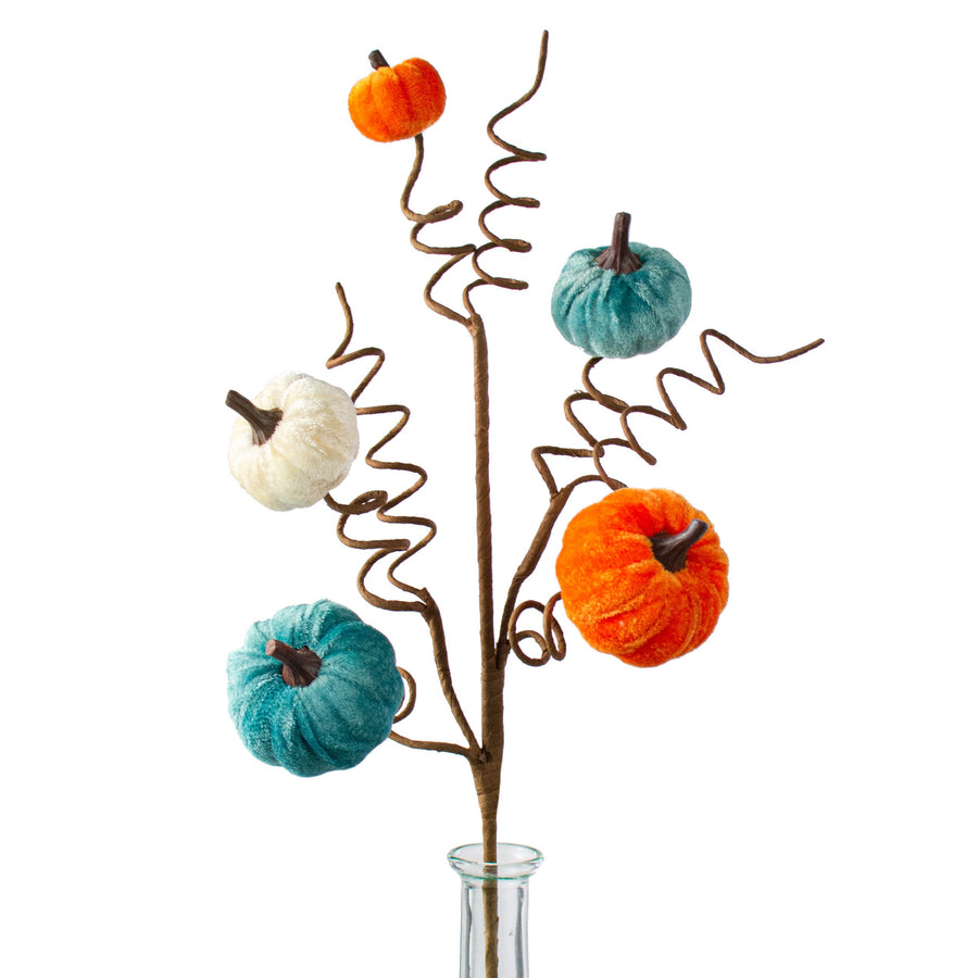 23" Velvet Pumpkin Spray: Teal, Orange & Cream Item Number: HA1414F3