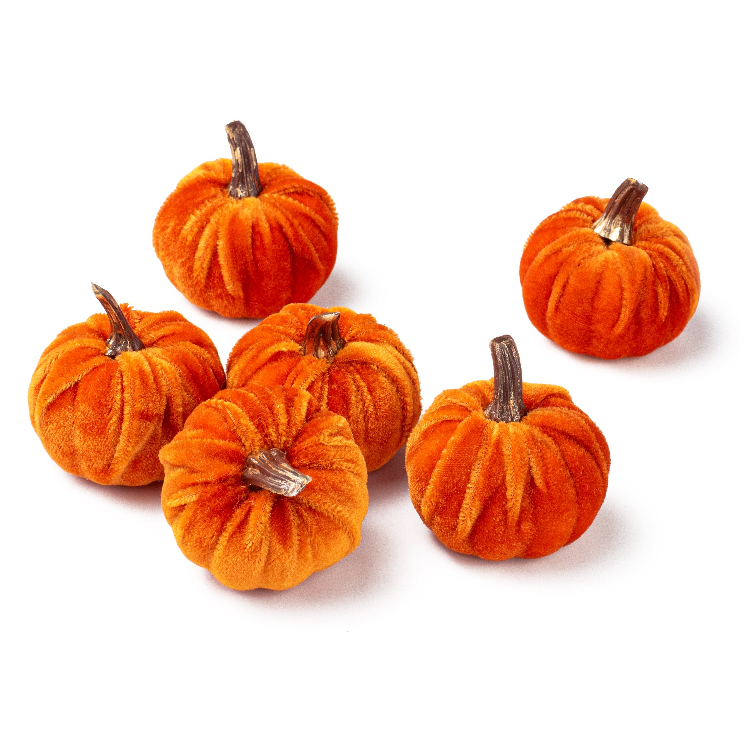 2" Velvet Pumpkins with Gold Stems: Orange (Pack of 6) Item Number: 31341