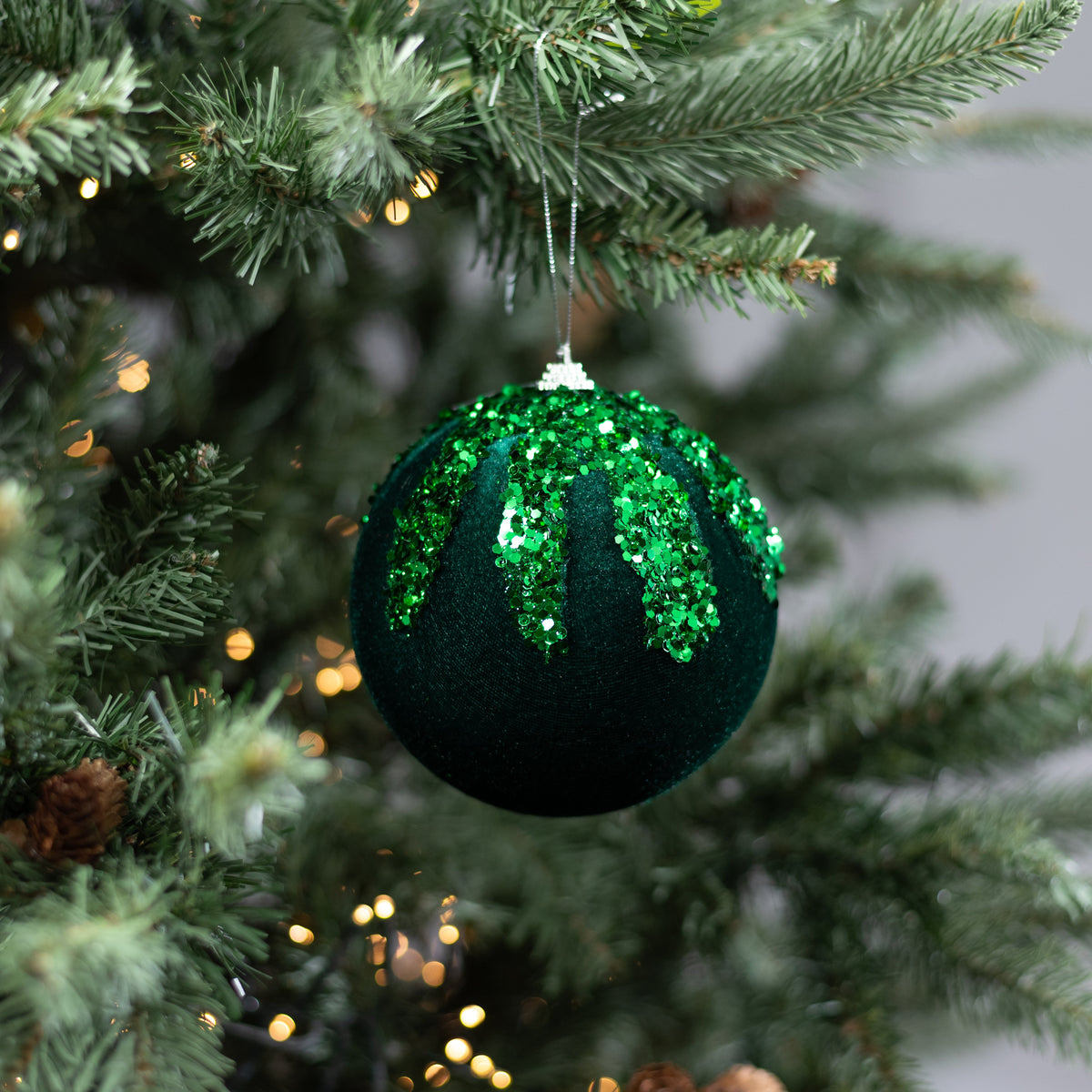 5" Velvet Sequin Drip Ball Ornament: Deep Emerald Green Lifestyle Photo