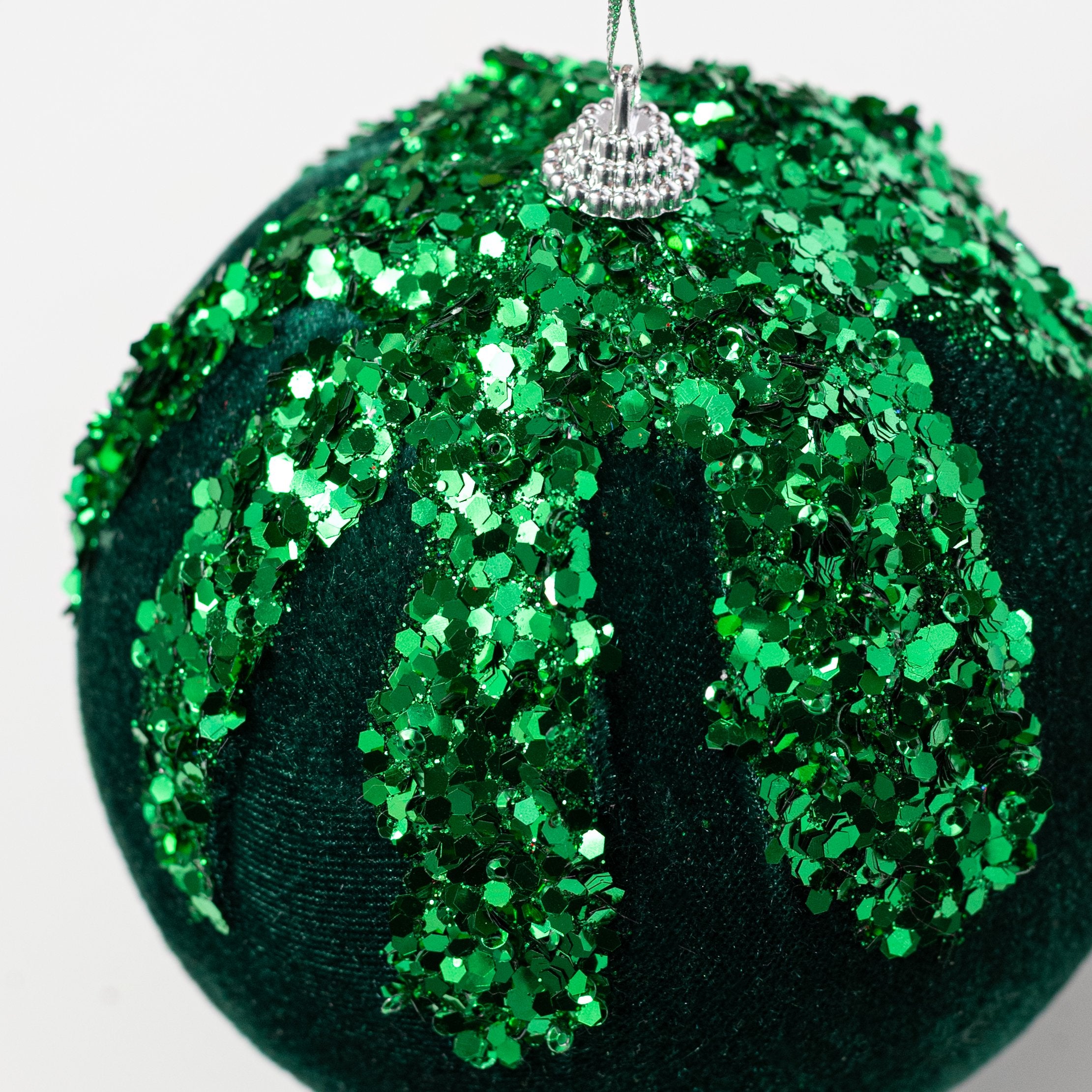 5" Velvet Sequin Drip Ball Ornament: Deep Emerald Green detail photo 3