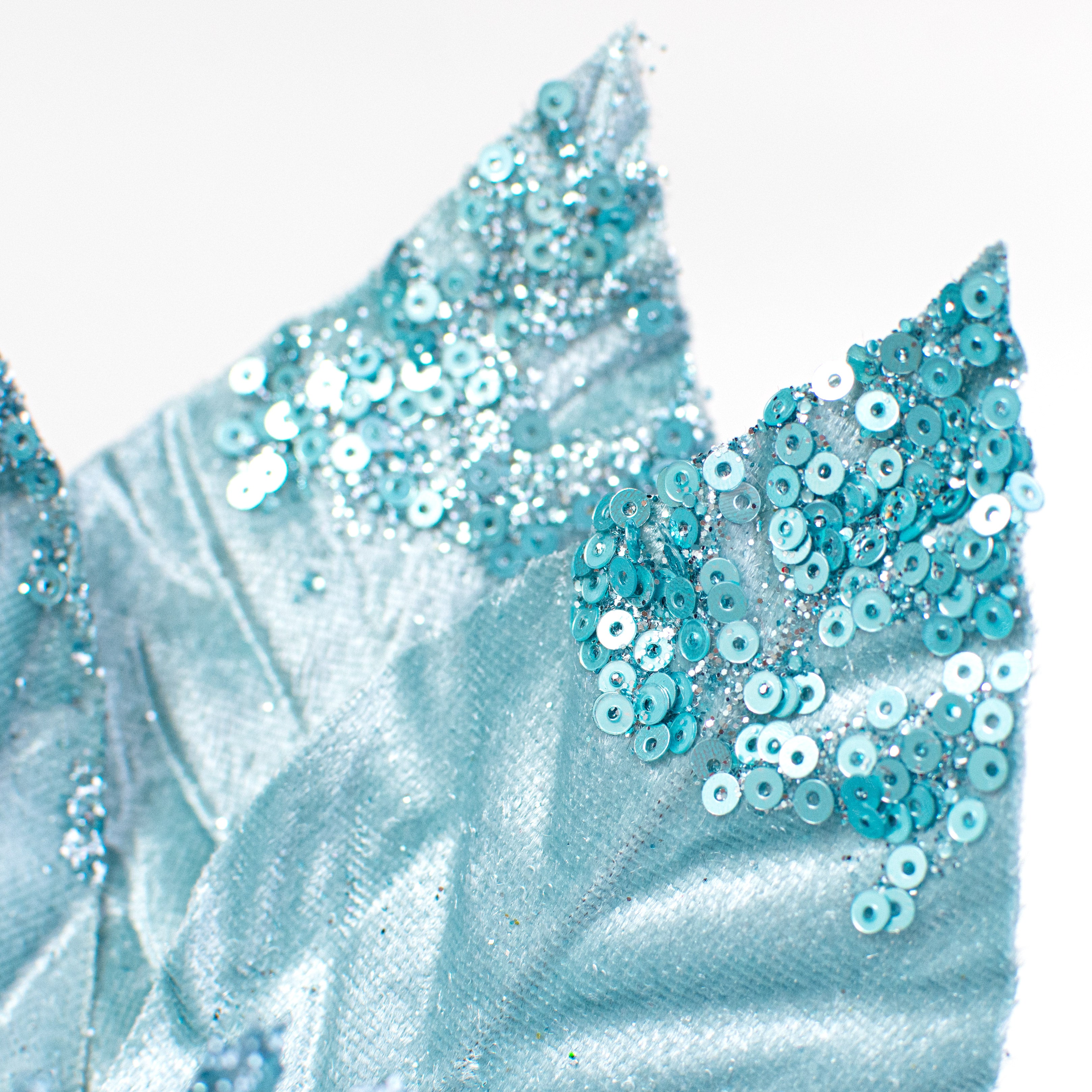 22" Velvet Sequin Poinsettia Stem: Ice Blue Lifestyle Photo