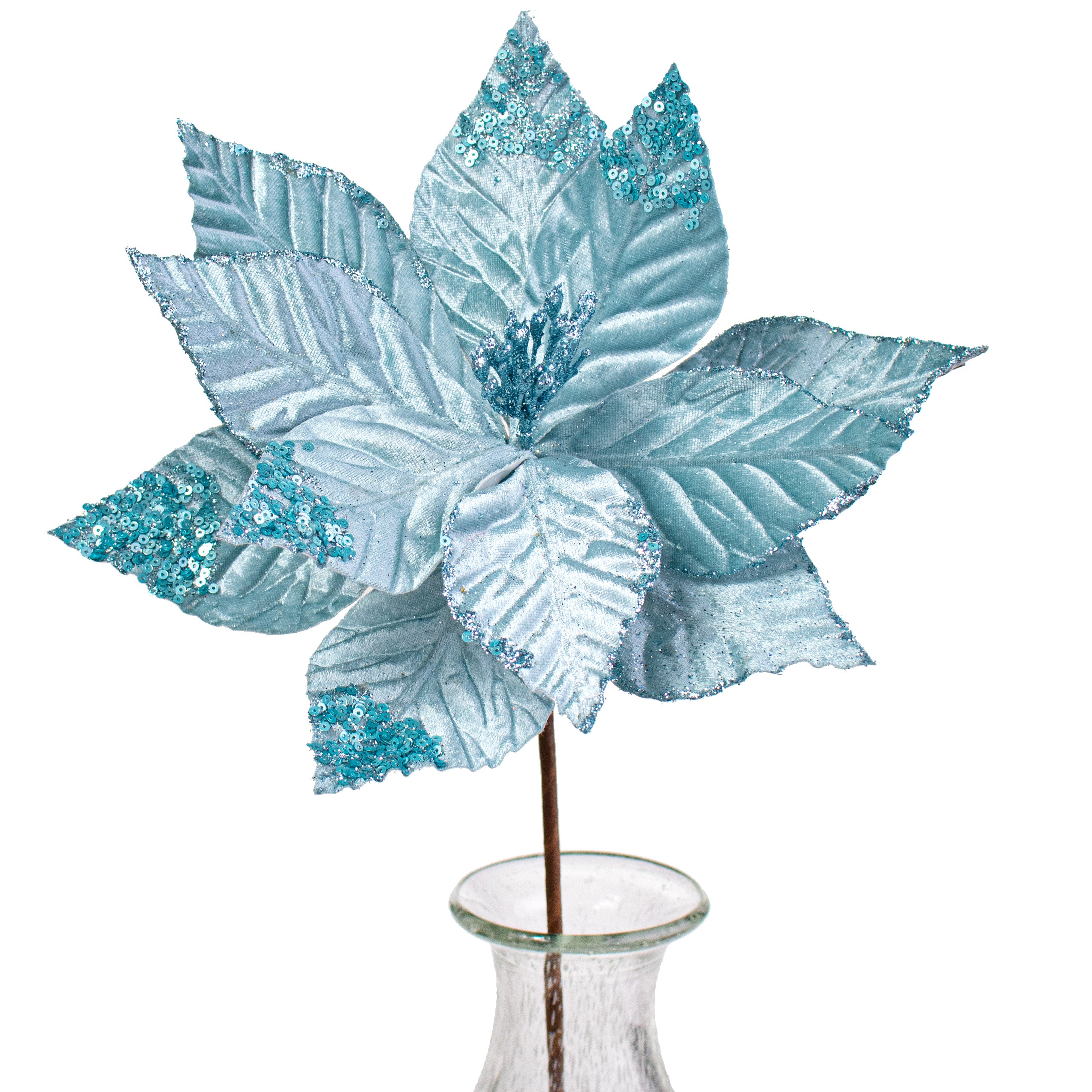 22" Velvet Sequin Poinsettia Stem: Ice Blue Item Number: NF409648