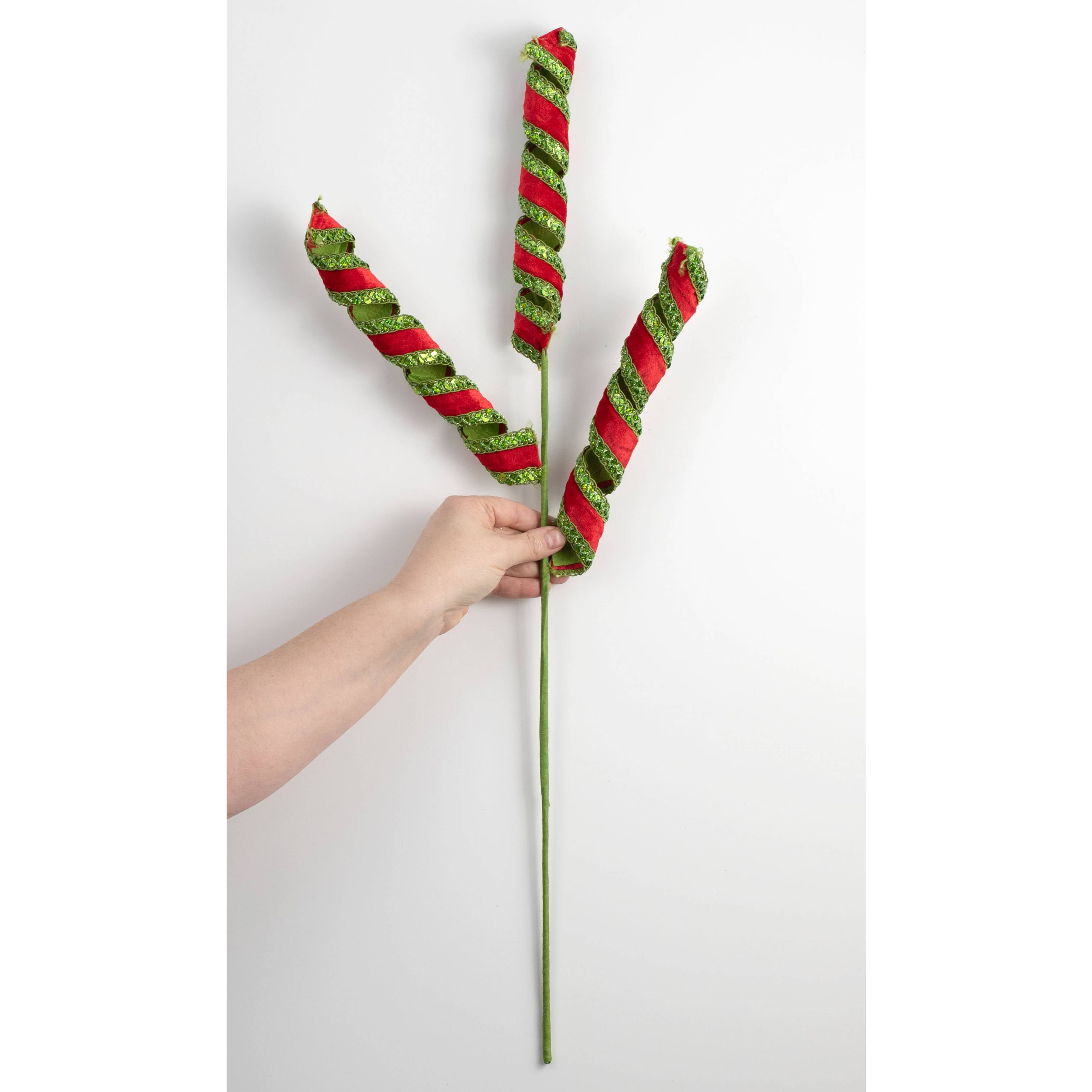 28" Velvet and Sequin Trim Curly Spray: Red & Green detail photo 3