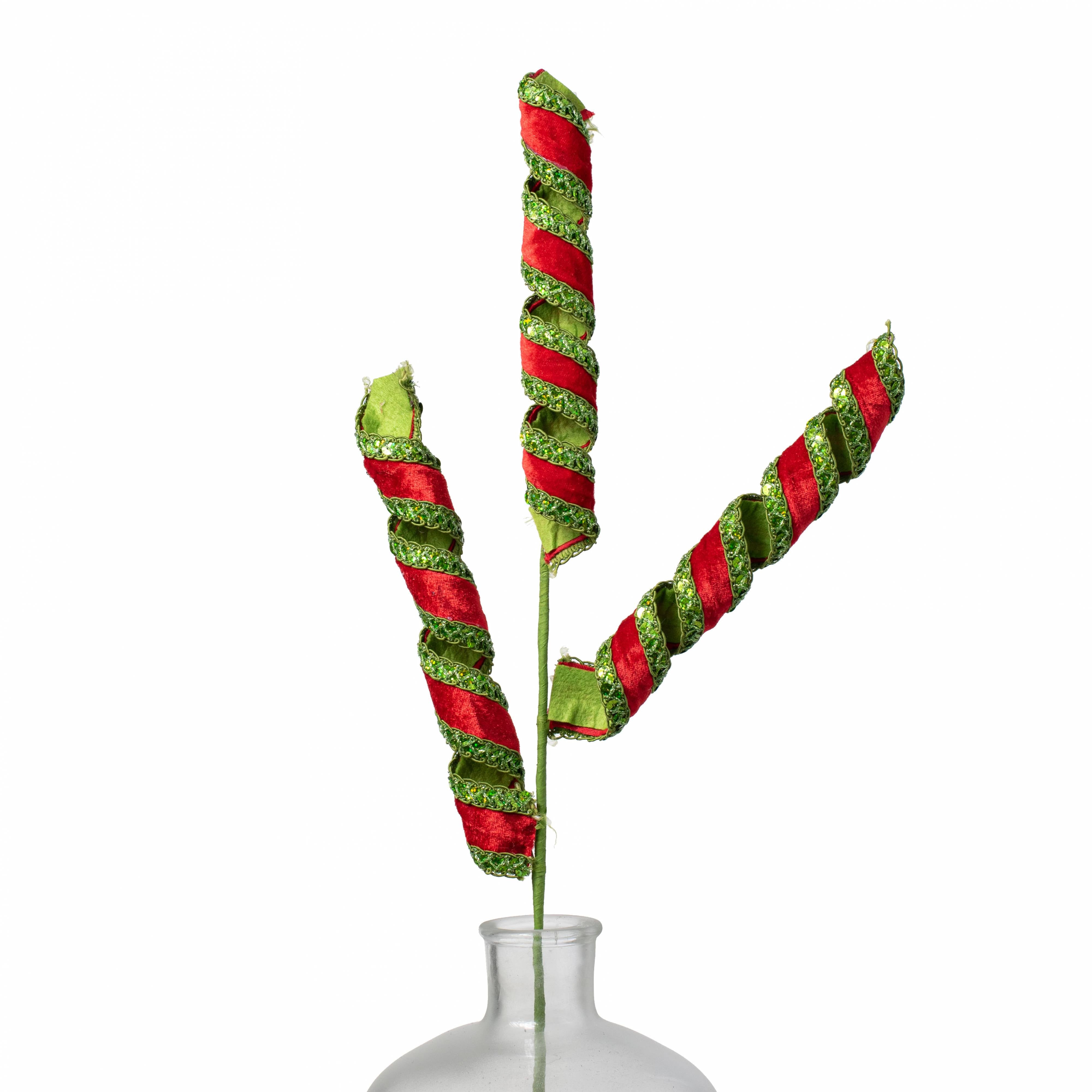 28" Velvet and Sequin Trim Curly Spray: Red & Green Item Number: 85999RDGN