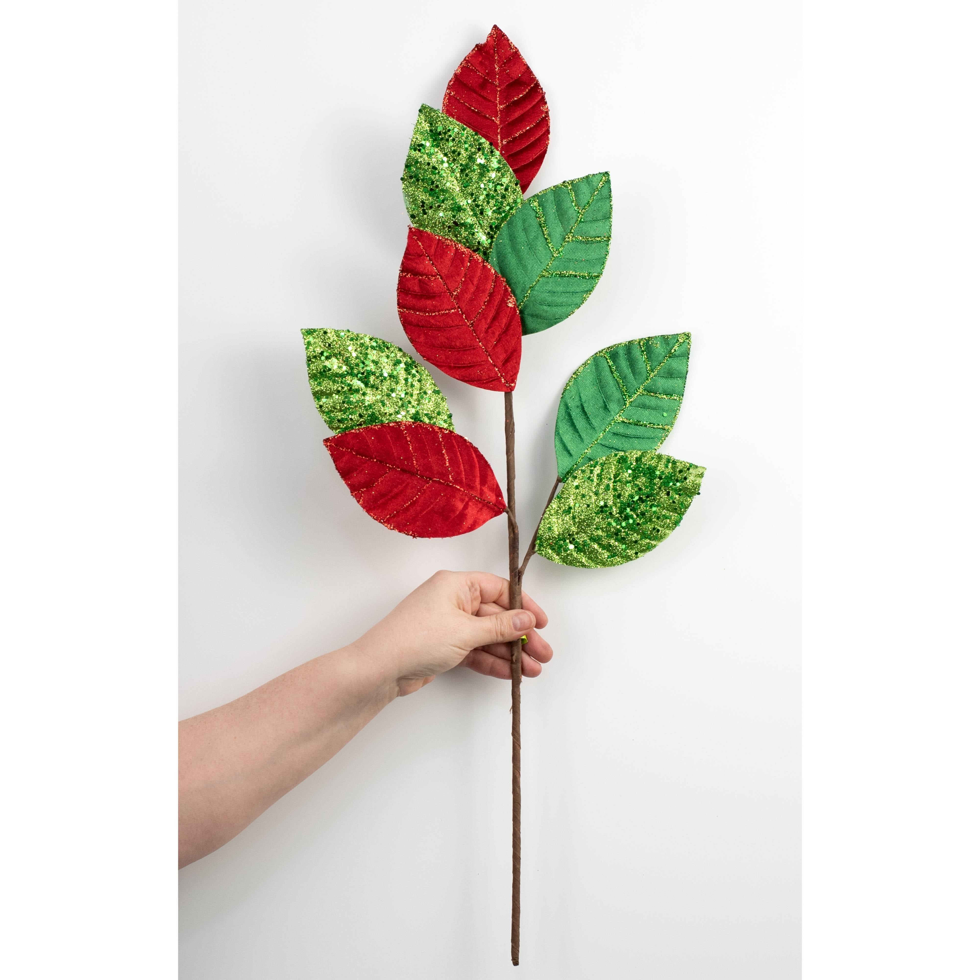 27" Velvet Sequined Leaves Spray: Red & Green detail photo 3