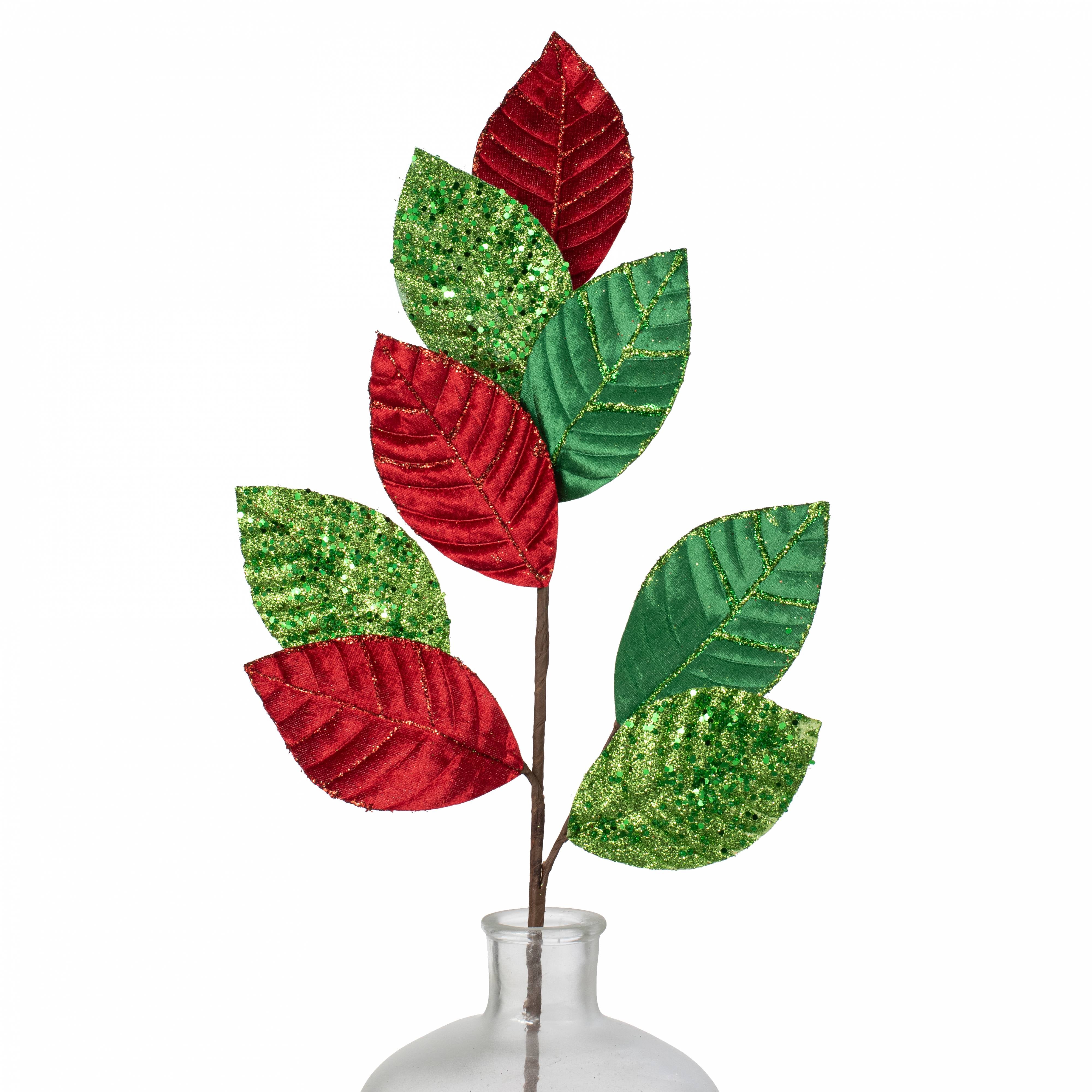 27" Velvet Sequined Leaves Spray: Red & Green Item Number: 86079RDGN