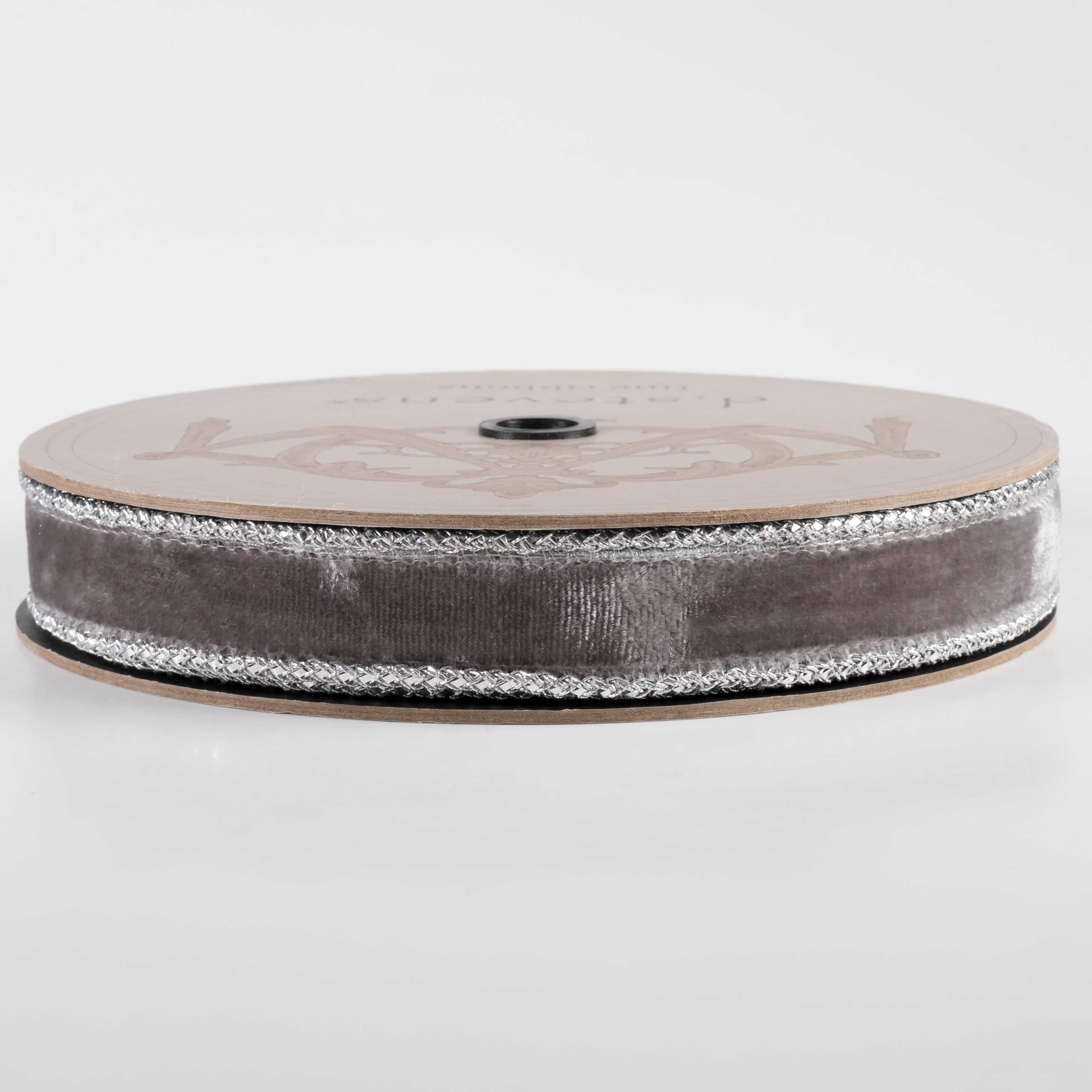 [D Stevens] 1" Velvet Silver Braid Edge Ribbon: Grey (10 Yards) Item Number: 05-0206