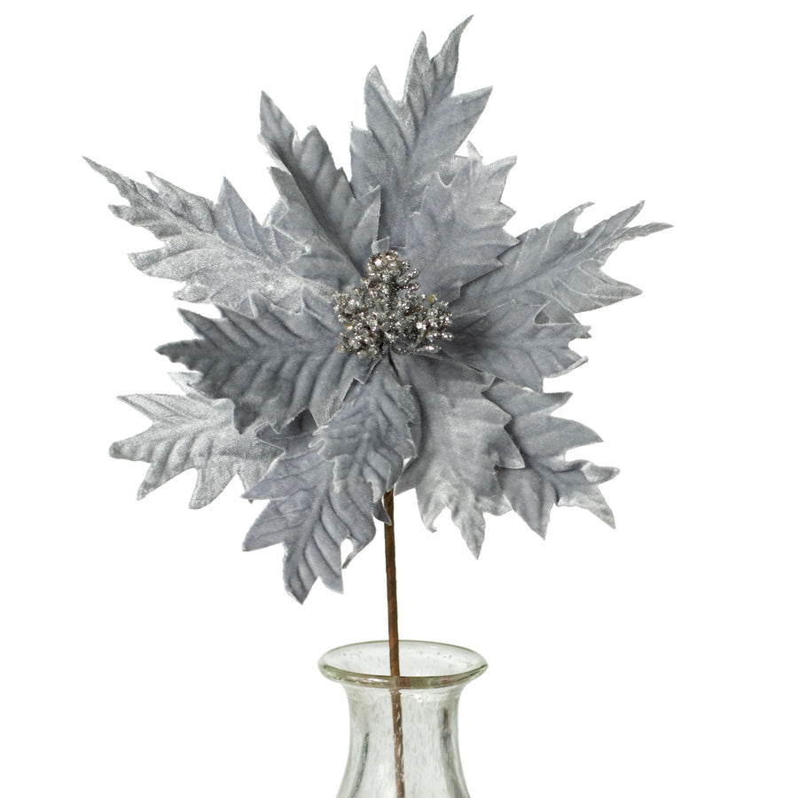 22" Velvet Snowflake Poinsettia Stem: Grey Item Number: 282039