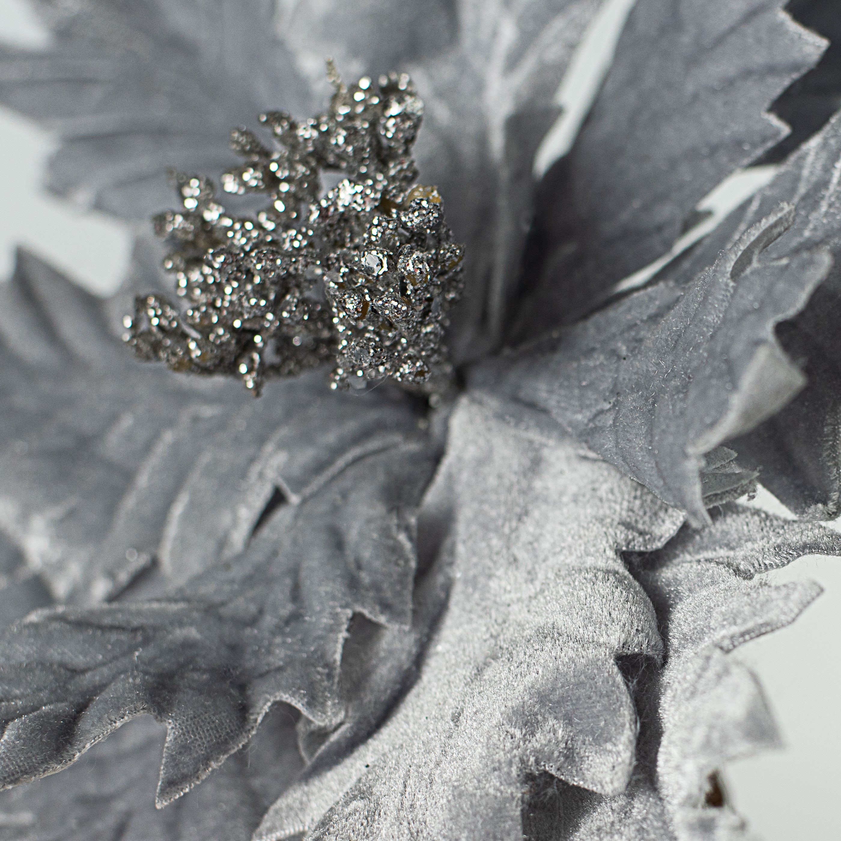 22" Velvet Snowflake Poinsettia Stem: Grey detail photo 3