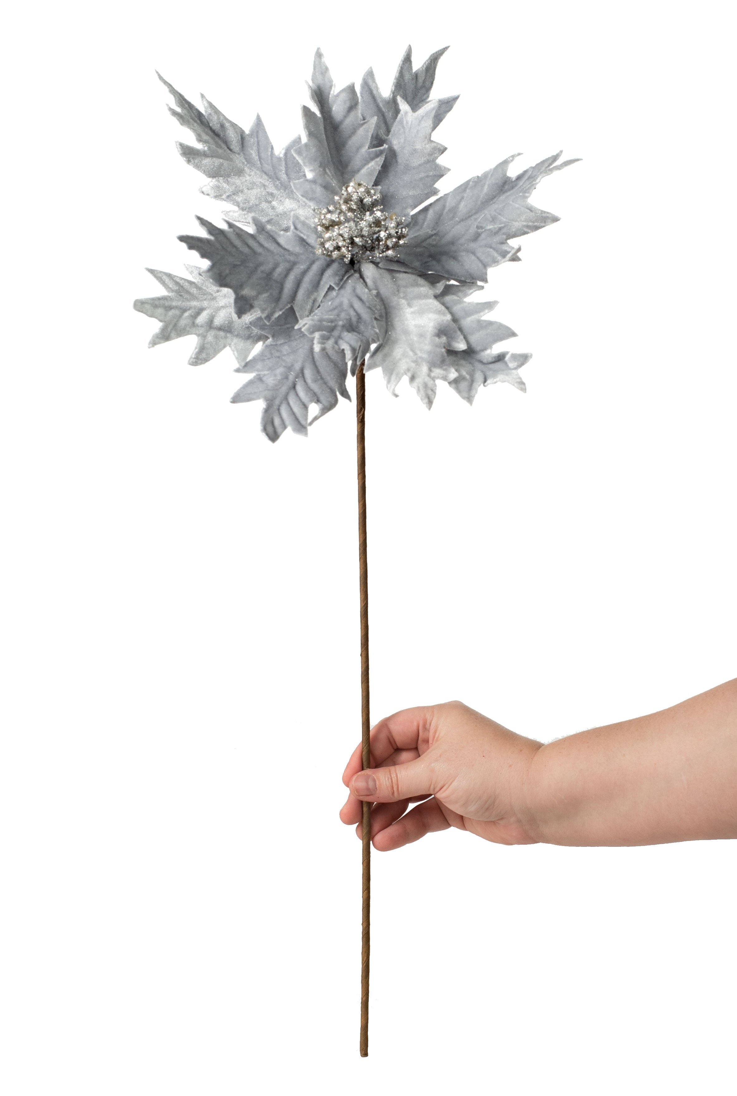 22" Velvet Snowflake Poinsettia Stem: Grey detail photo 4
