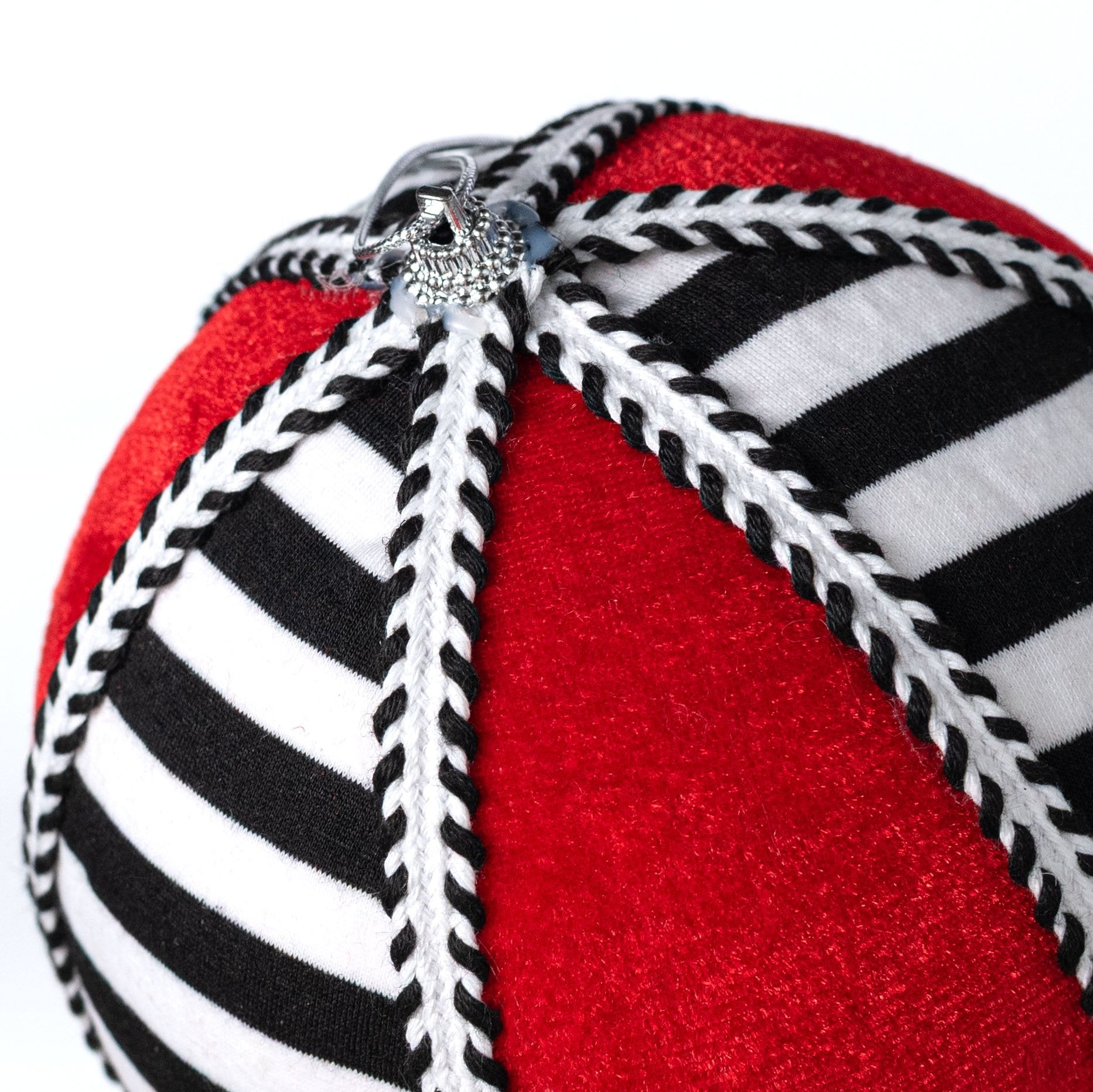 6" Velvet & Trim Stripe Ball Ornament: Red, Black & White detail photo 3