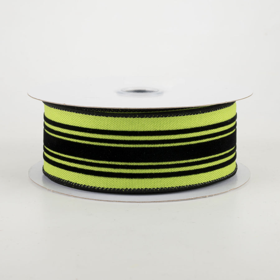 1.5" Velvet Vertical Lines Ribbon: Lime Green & Black (10 Yards)