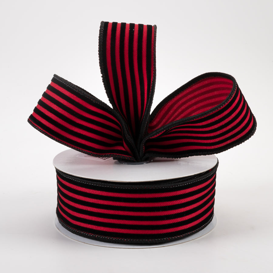 1.5" Velvet Vertical Thin Lines Ribbon: Red & Black (10 Yards) Lifestyle Photo