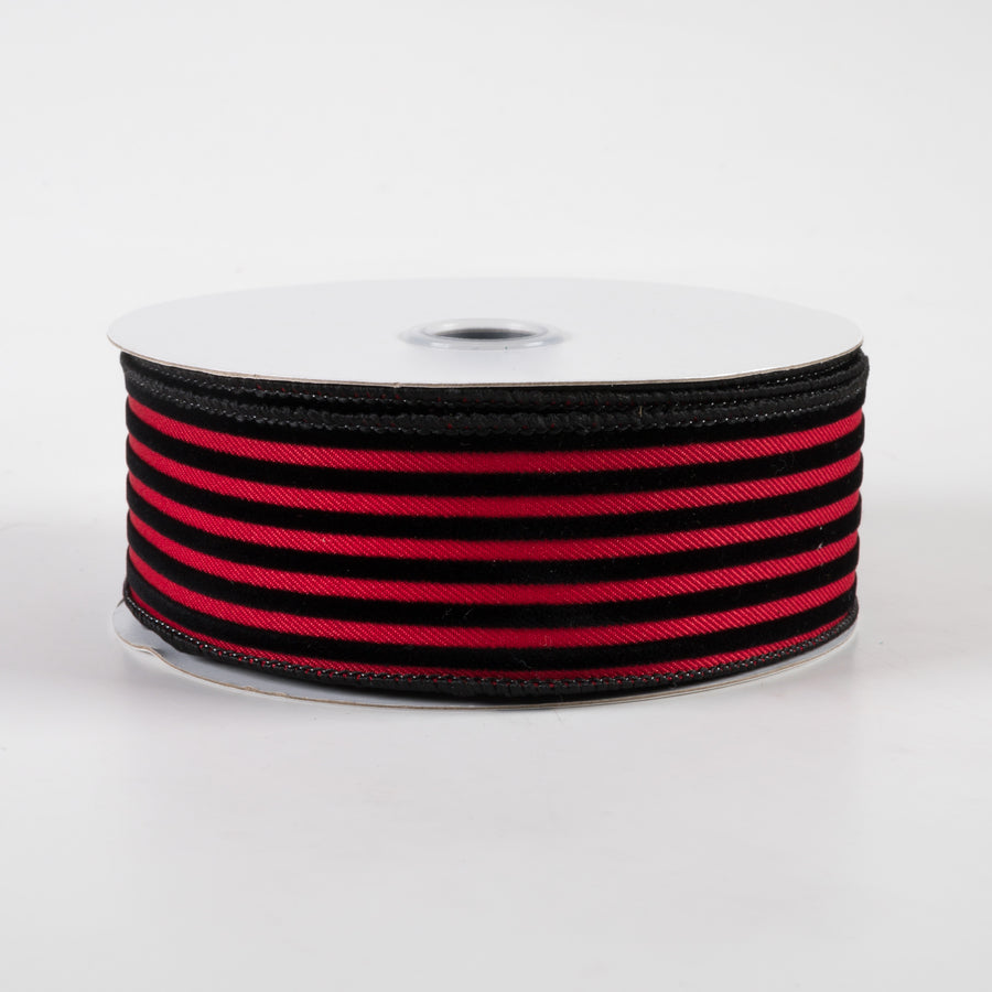 1.5" Velvet Vertical Thin Lines Ribbon: Red & Black (10 Yards)