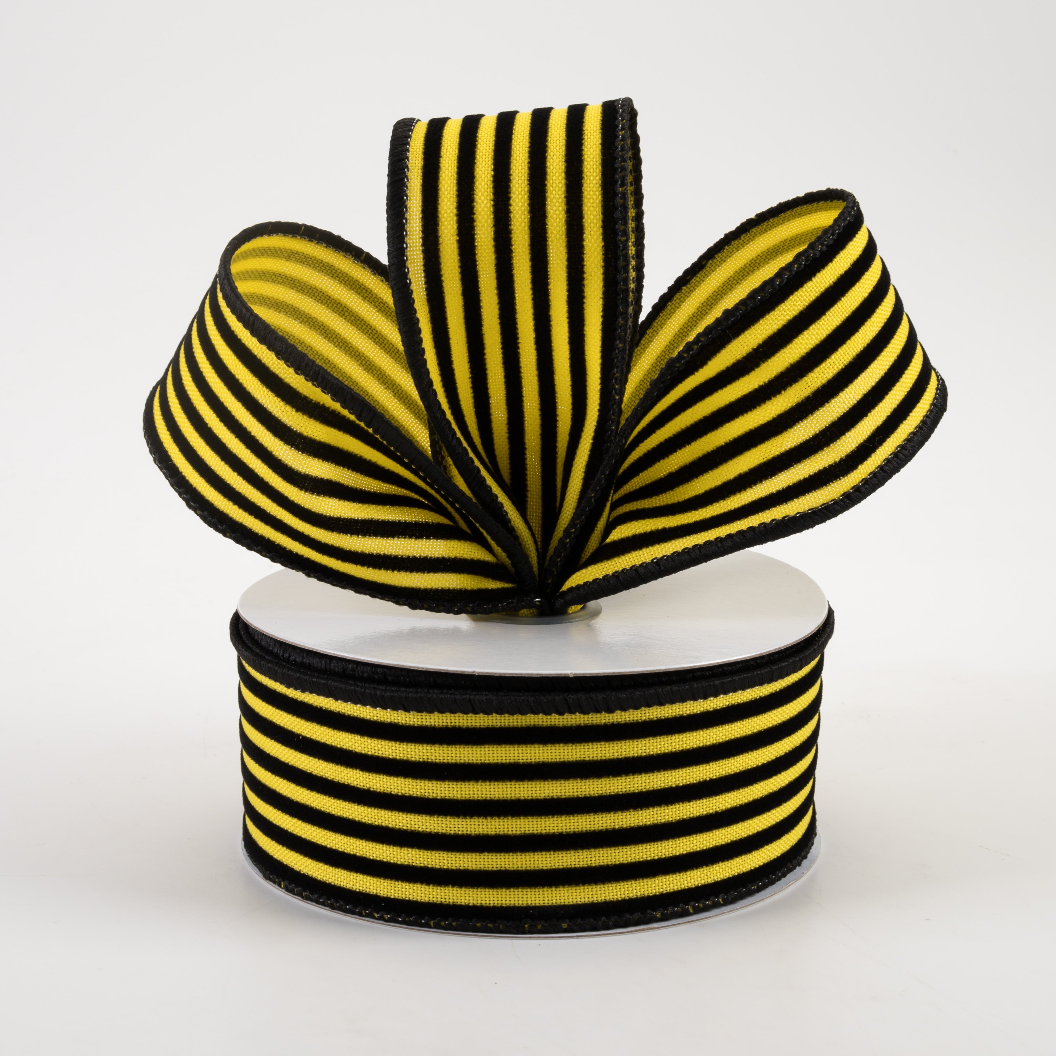 1.5" Velvet Vertical Thin Lines Ribbon: Sun Yellow & Black (10 Yards) Lifestyle Photo