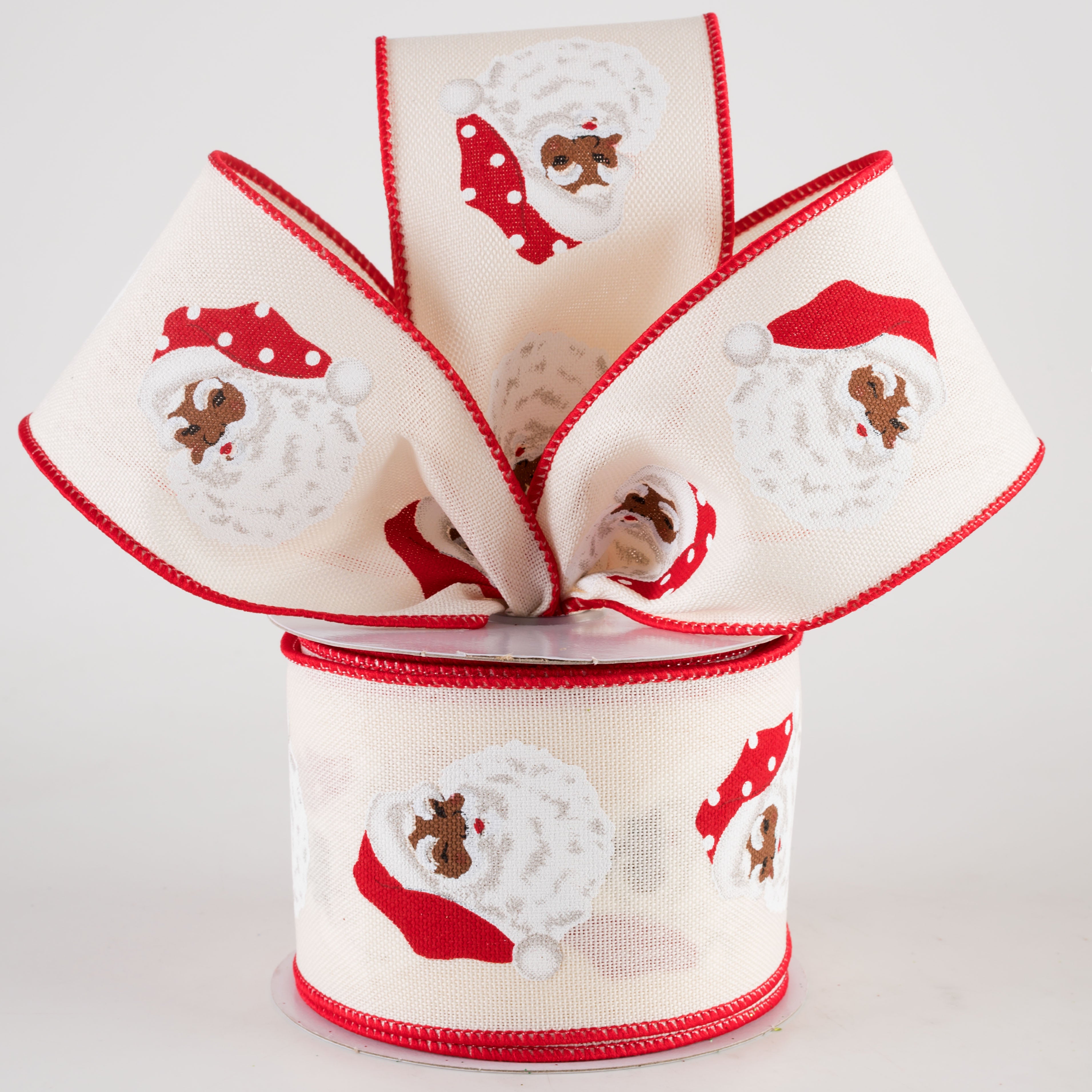2.5" Vertical Brown Santa Head Ribbon: Ivory & Red (10 Yards) Lifestyle Photo