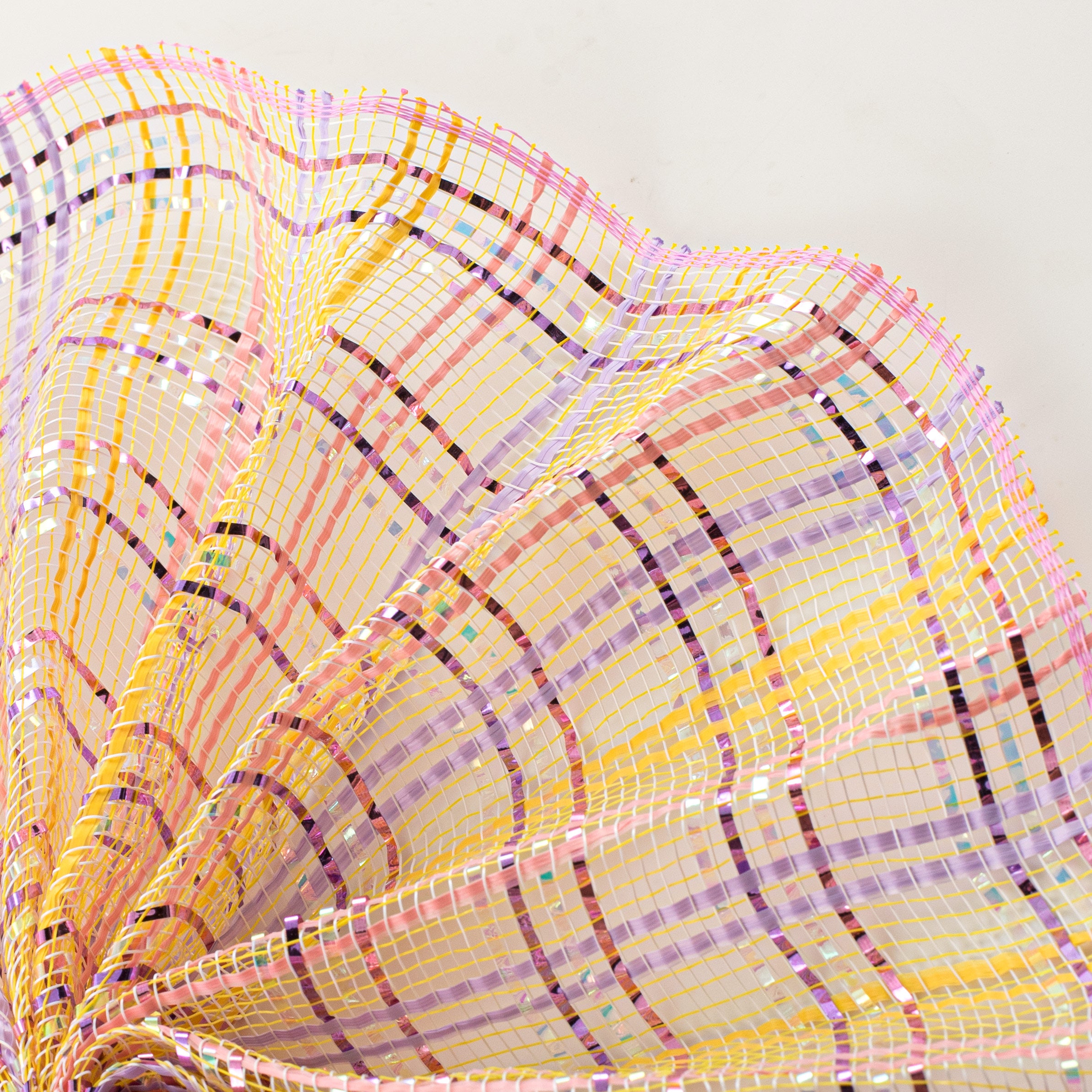 10" Vertical Foil Plaid Mesh: Yellow, Pink, Lavender, Iridescent Lifestyle Photo