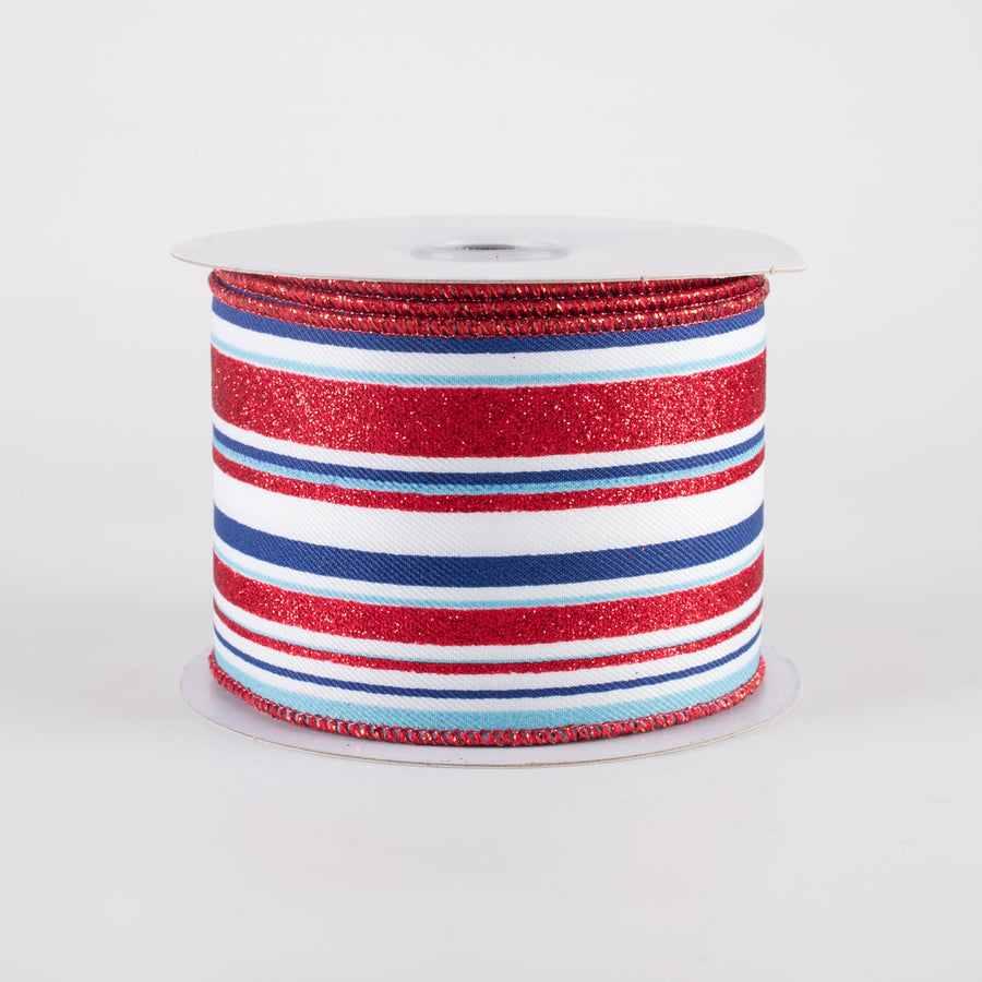 2.5" Vertical Glitter Stripes Ribbon: Light Blue Patriotic (10 Yards)