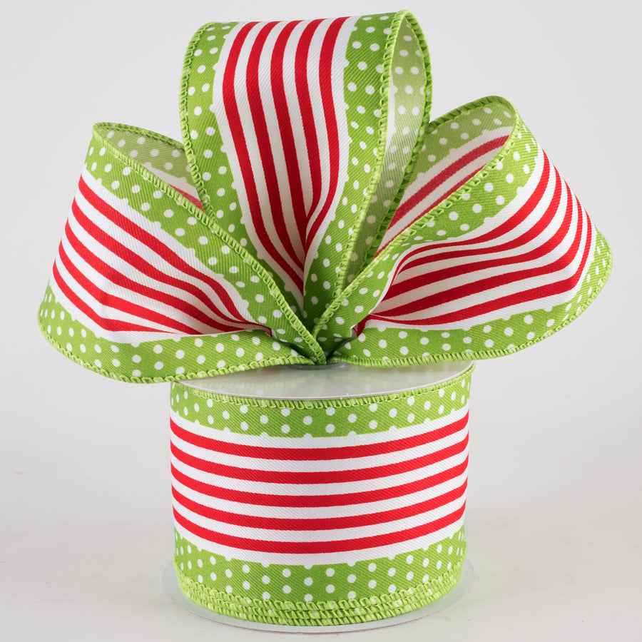 2.5" Vertical Stripe Dot Edge Ribbon: Lime Green, White & Red (10 Yards) Lifestyle Photo