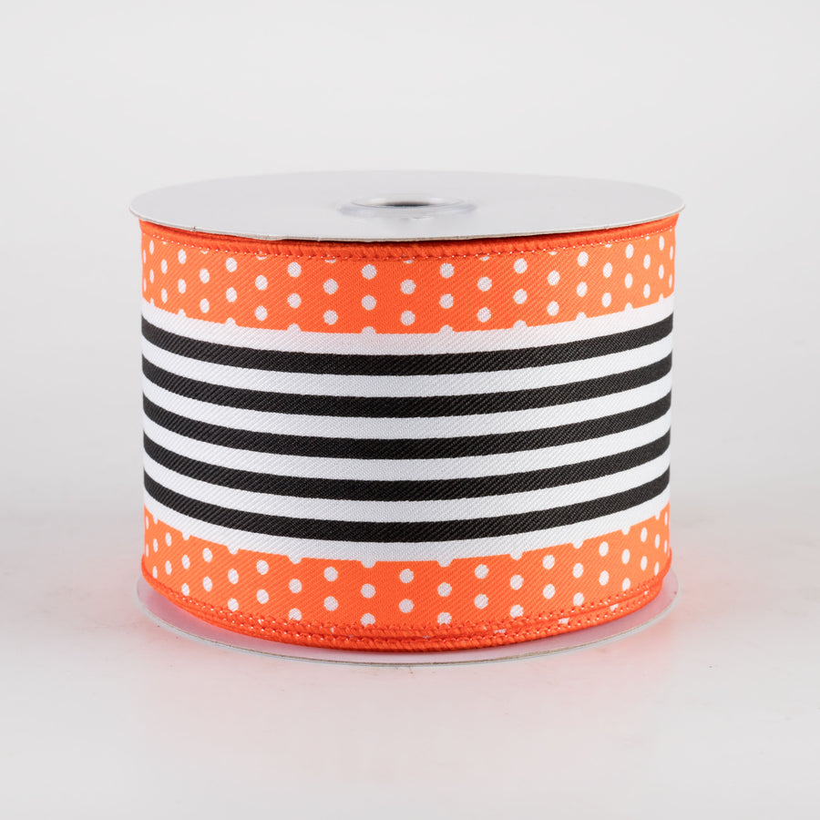 2.5" Vertical Stripe Dot Edge Ribbon: Orange, White & Black (10 Yards)