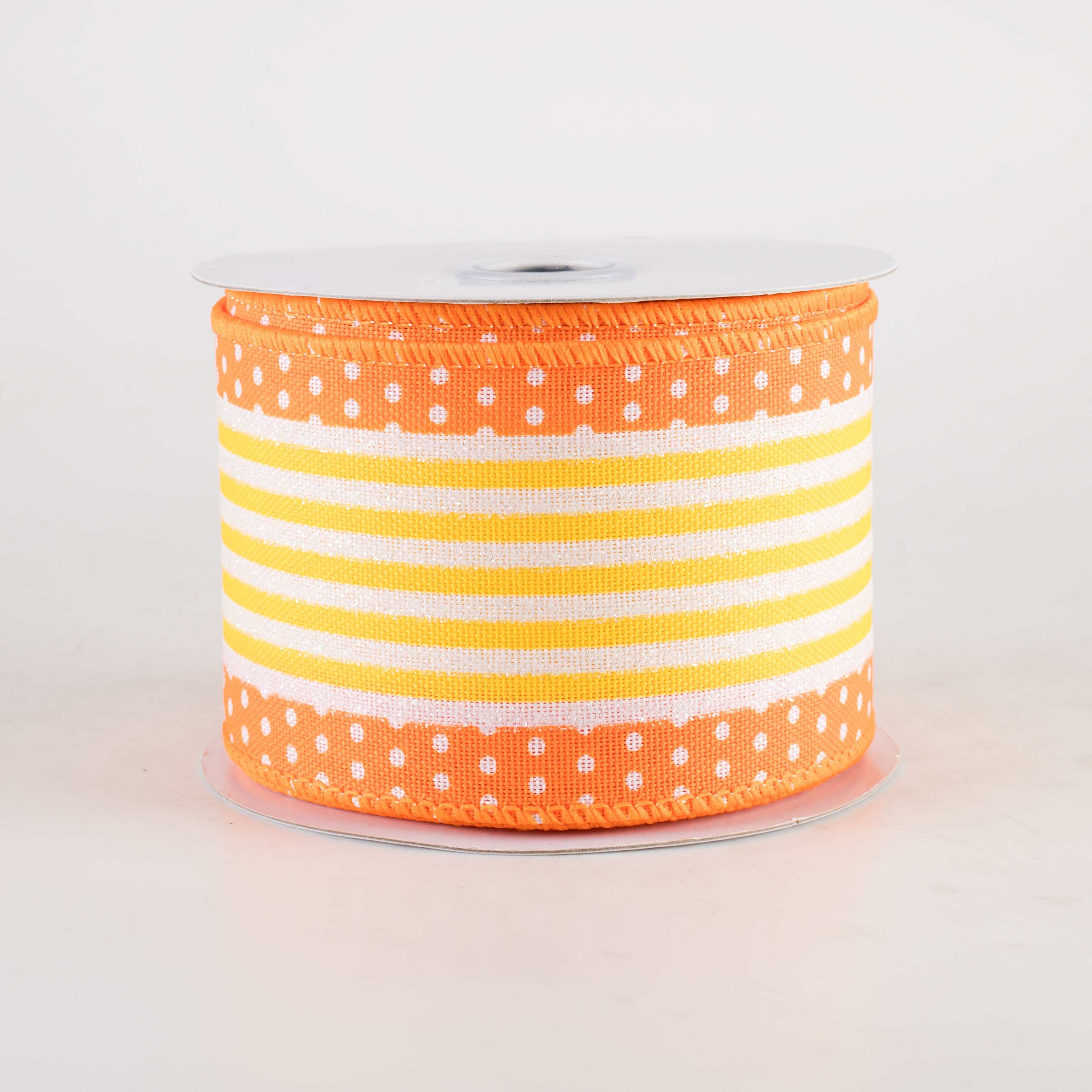 2.5" Vertical Stripe Dot Edge Ribbon: Orange, Yellow & White (10 Yards) Item Number: RGF156720