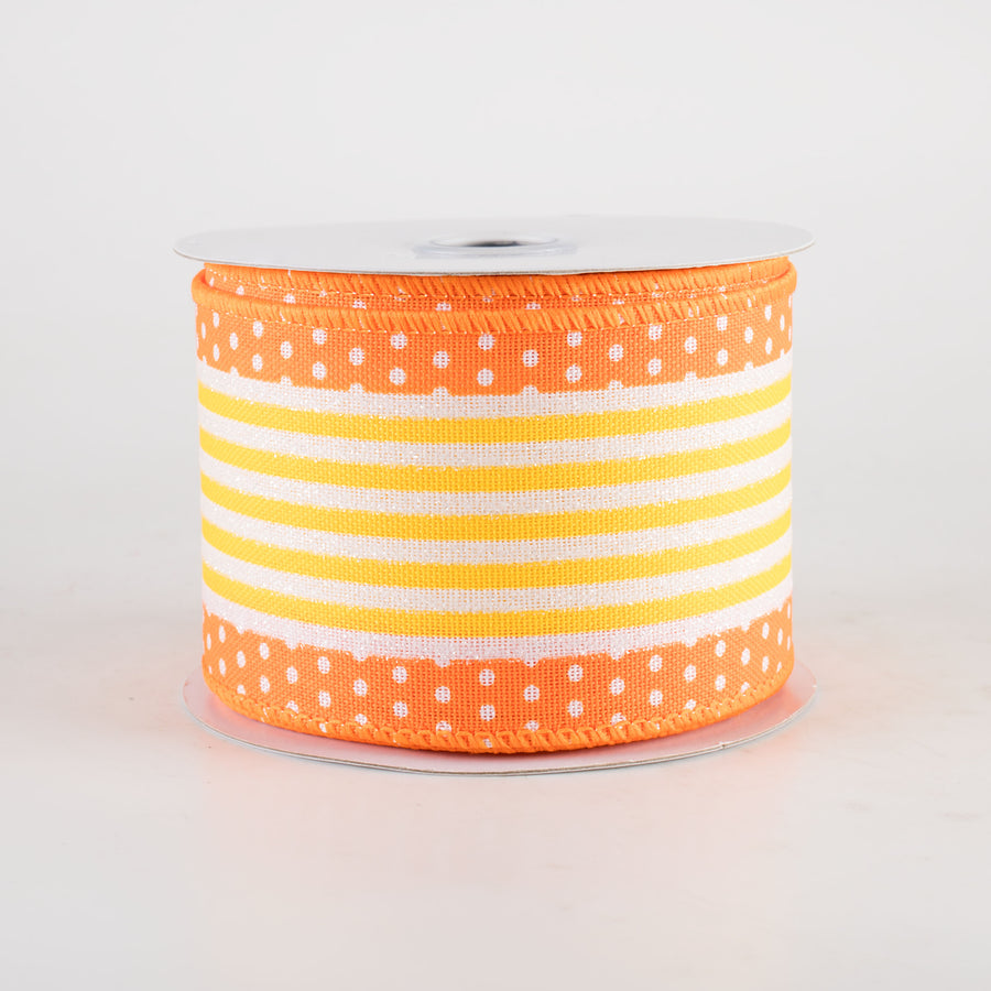 2.5" Vertical Stripe Dot Edge Ribbon: Orange, Yellow & White (10 Yards) Item Number: RGF156720