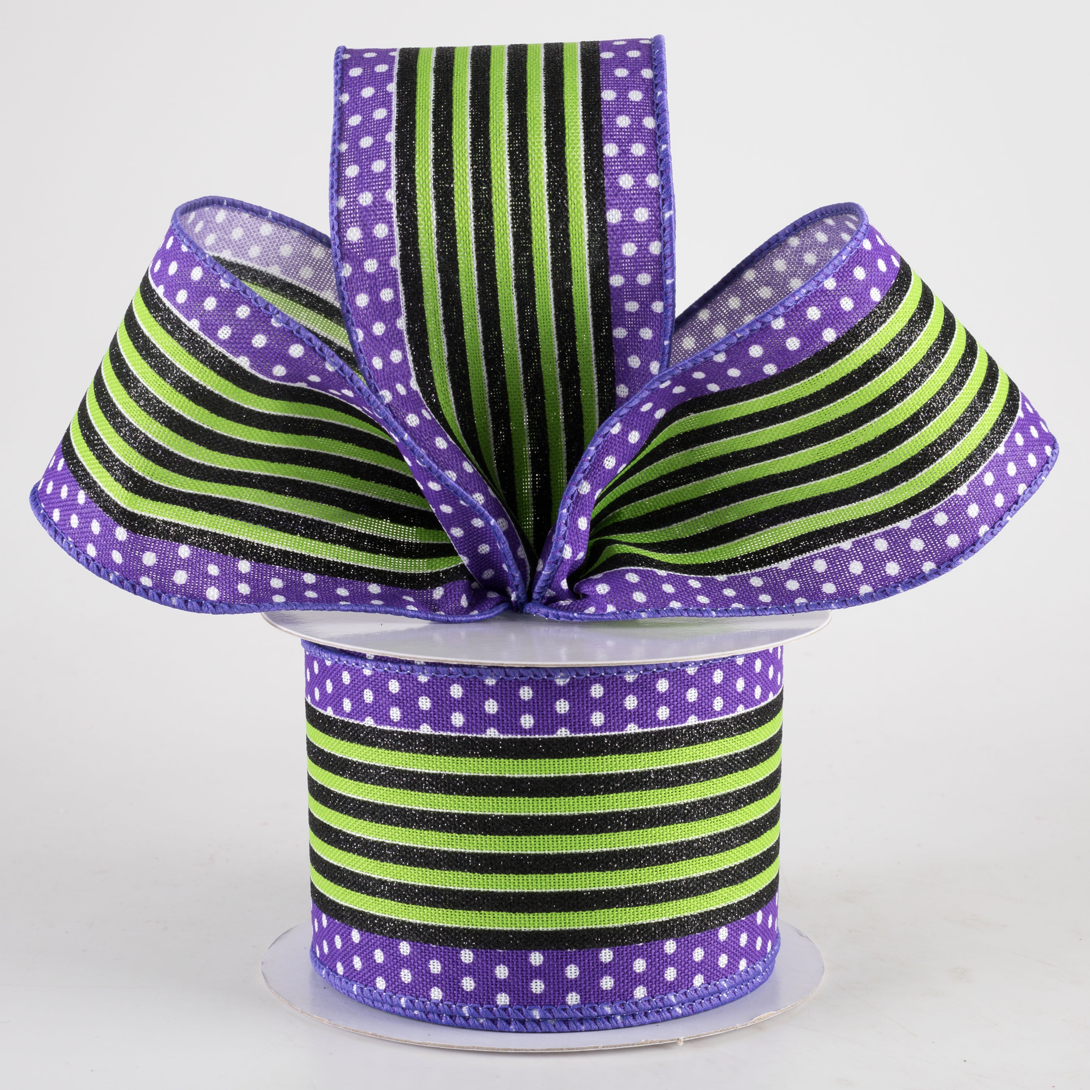 2.5" Vertical Stripe Dot Edge Ribbon: Purple, Green & Black (10 Yards) Lifestyle Photo
