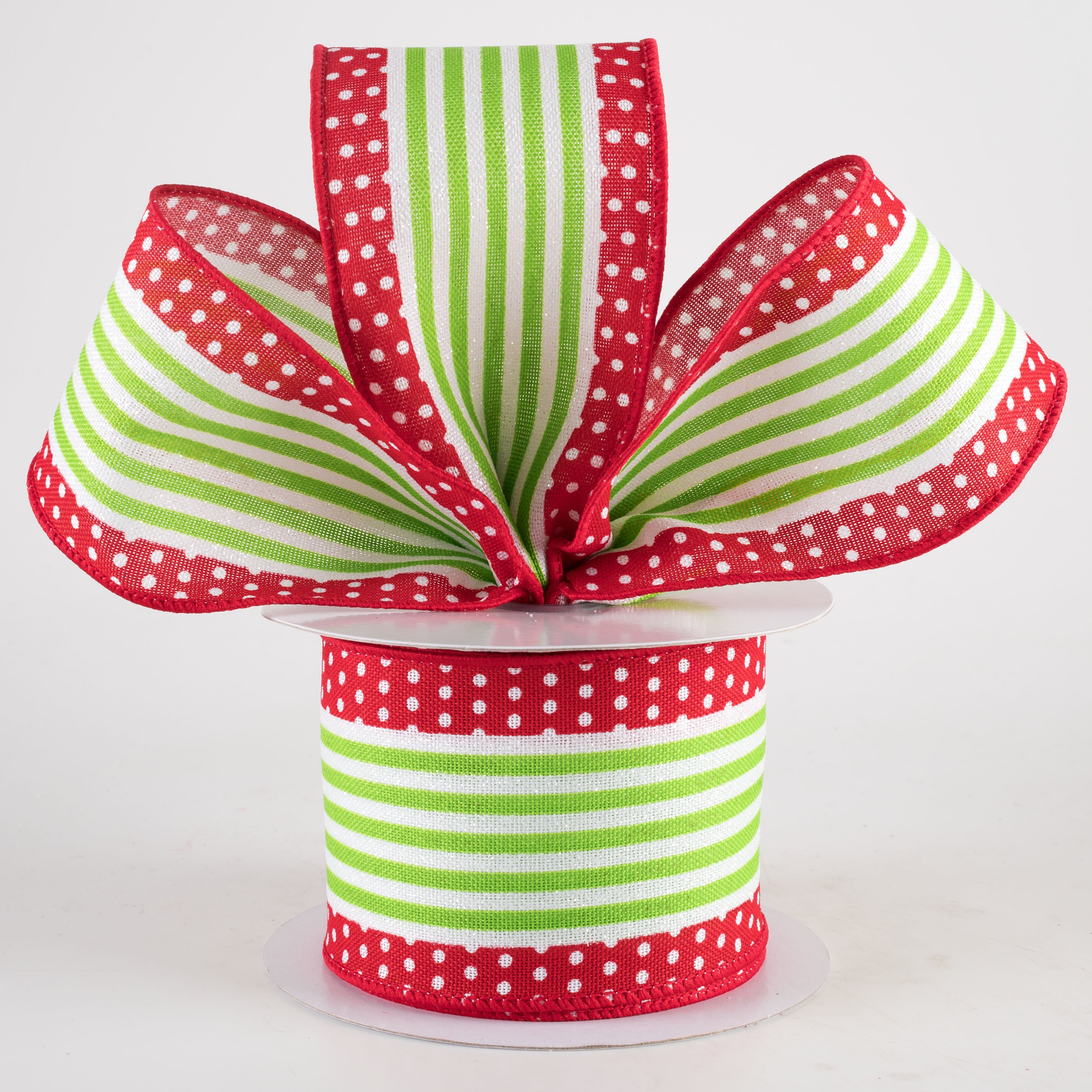 2.5" Vertical Stripe Dot Edge Ribbon: Red, White & Lime Green (10 Yards) Lifestyle Photo