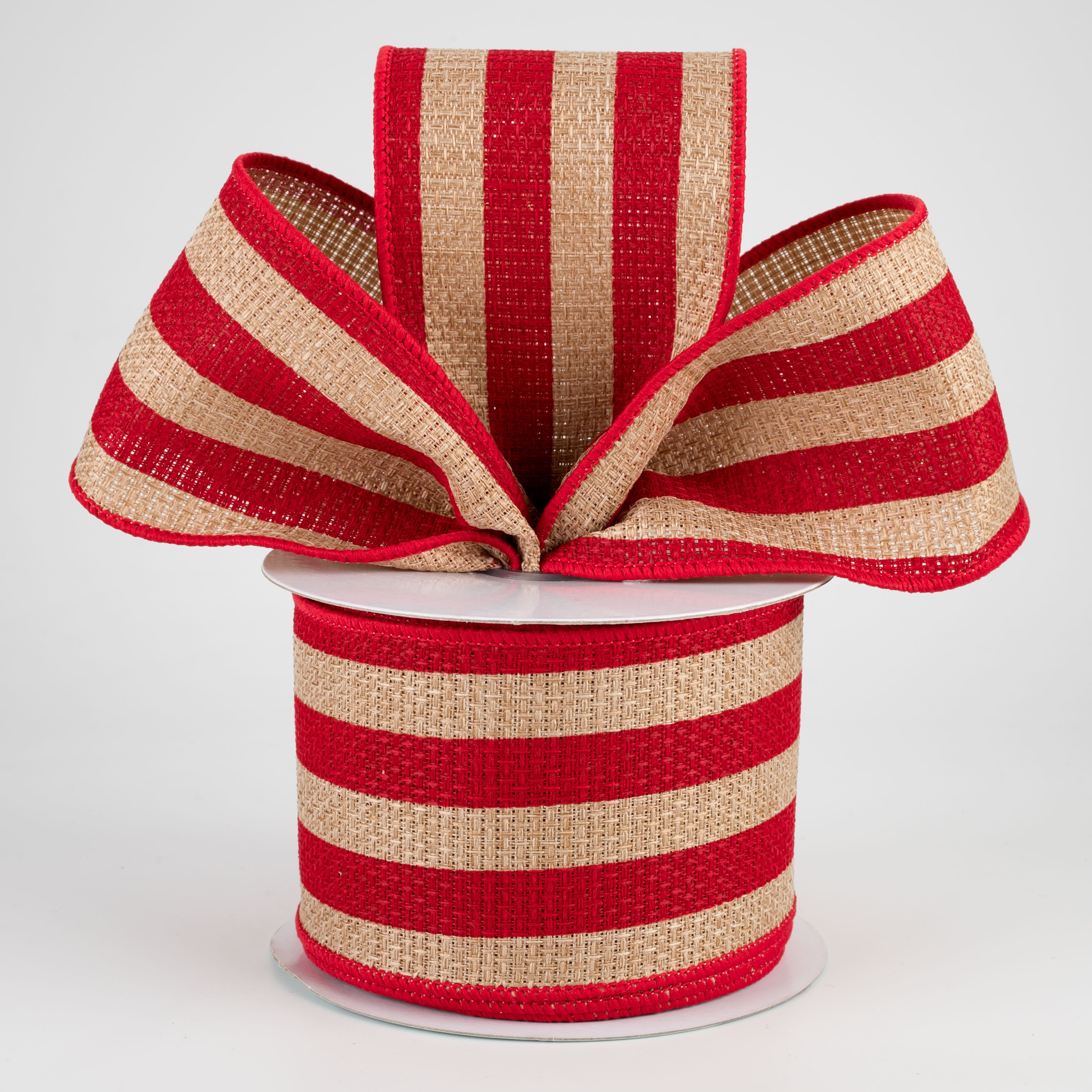 2.5" Vertical Stripe Faux Burlap Ribbon: Beige & Red (10 Yards) Lifestyle Photo