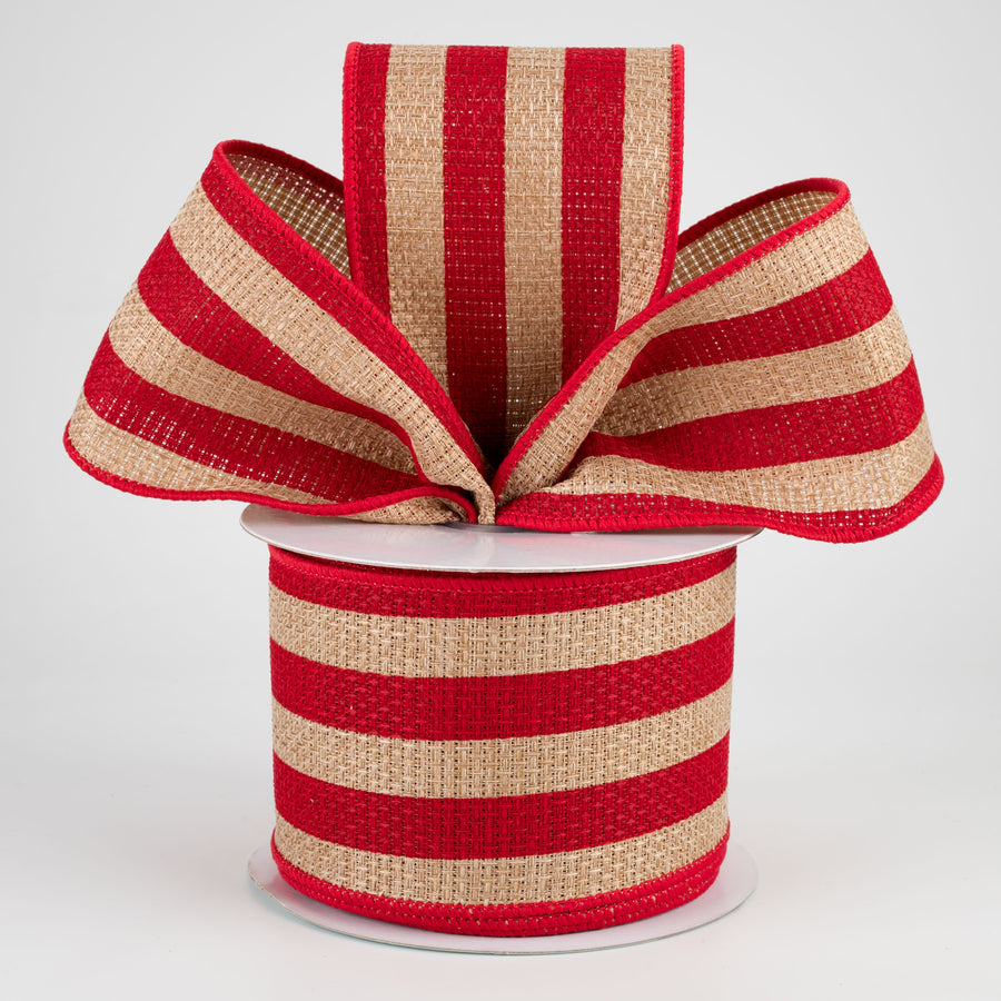 2.5" Vertical Stripe Faux Burlap Ribbon: Beige & Red (10 Yards) Lifestyle Photo