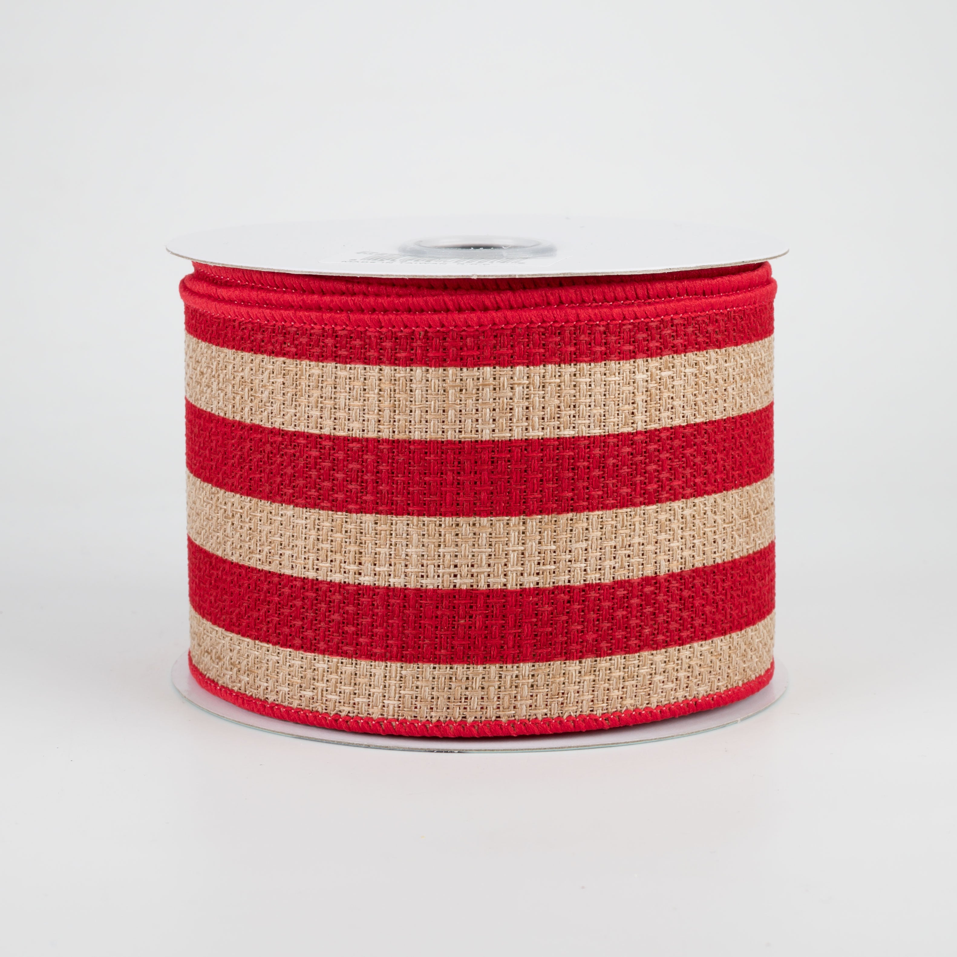 2.5" Vertical Stripe Faux Burlap Ribbon: Beige & Red (10 Yards)