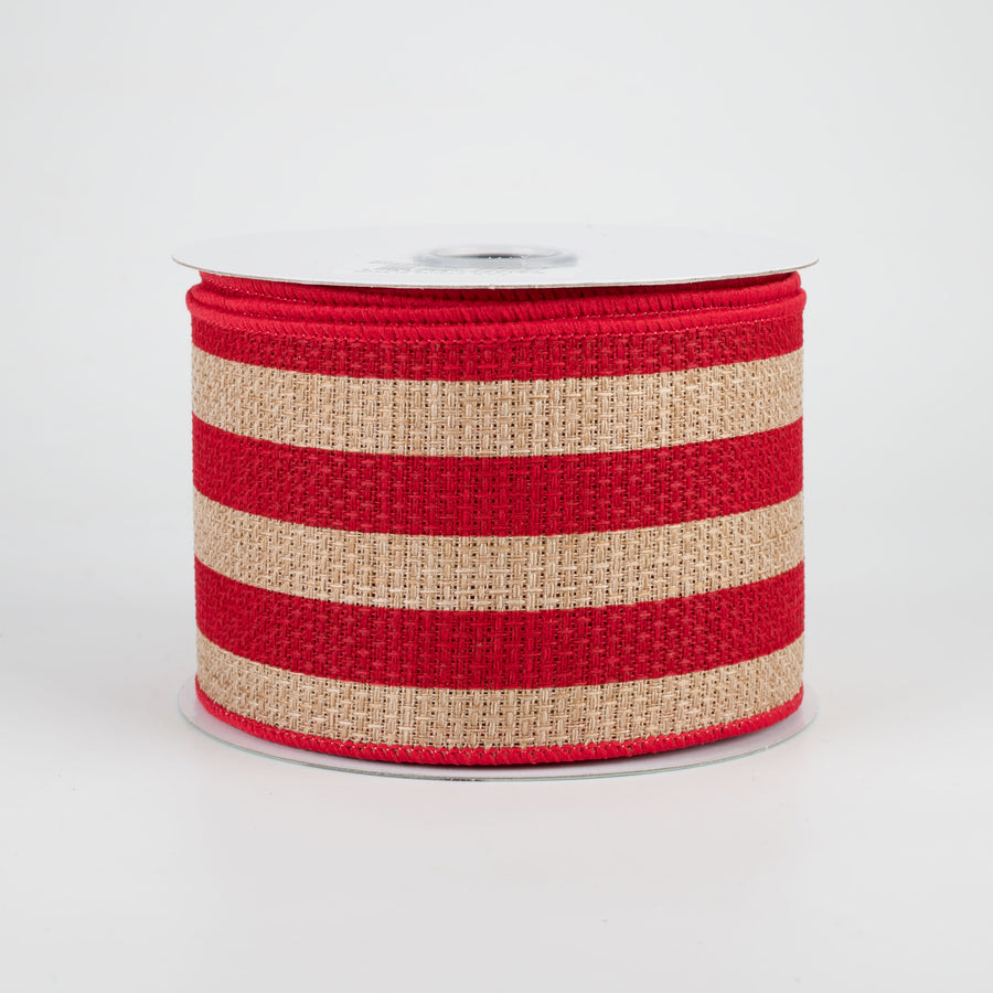 2.5" Vertical Stripe Faux Burlap Ribbon: Beige & Red (10 Yards)