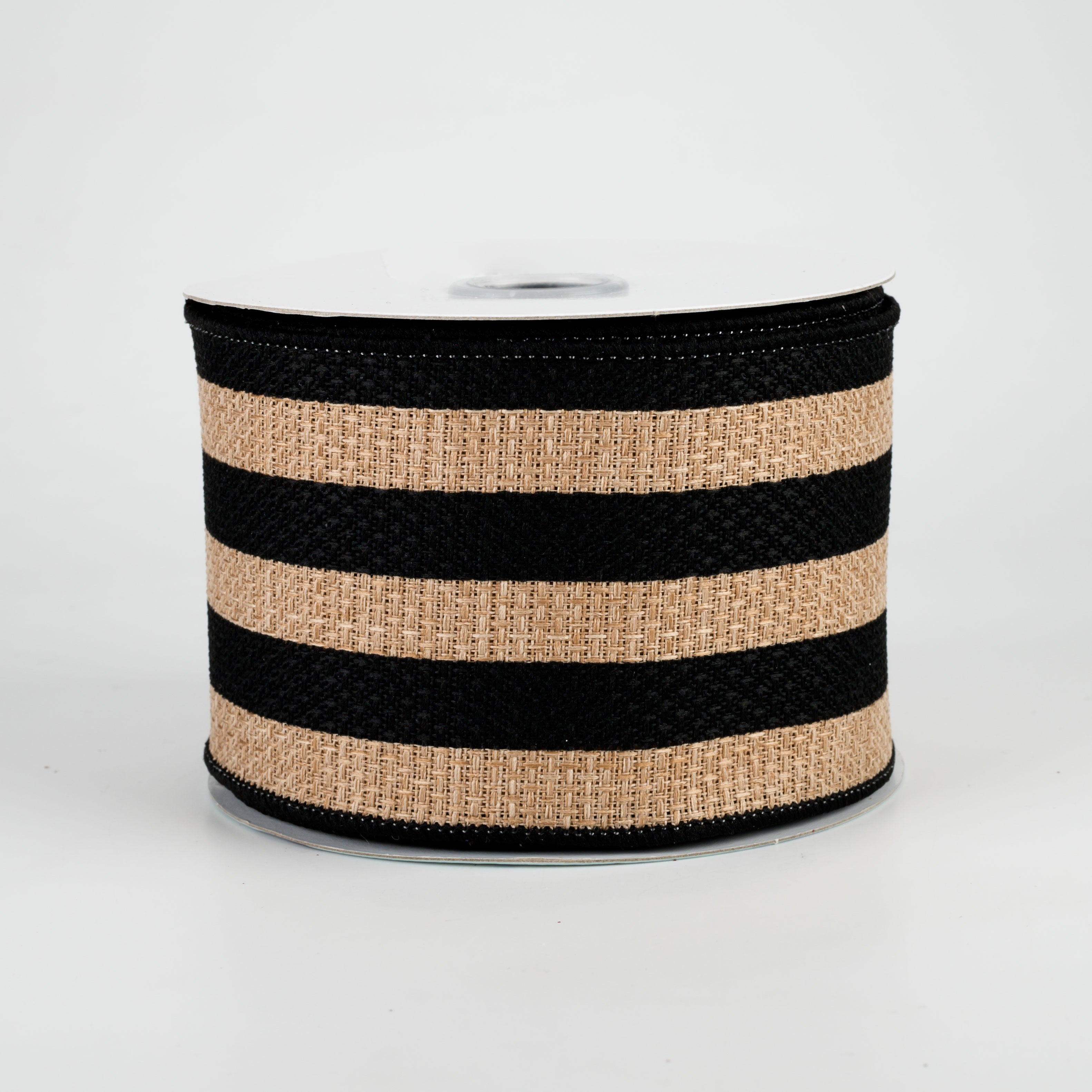 2.5" Vertical Stripe Faux Burlap Ribbon: Black & Beige (10 Yards)