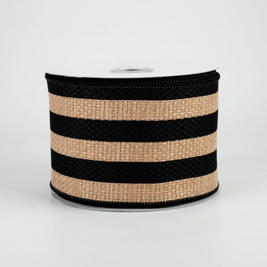 2.5" Vertical Stripe Faux Burlap Ribbon: Black & Beige (10 Yards)